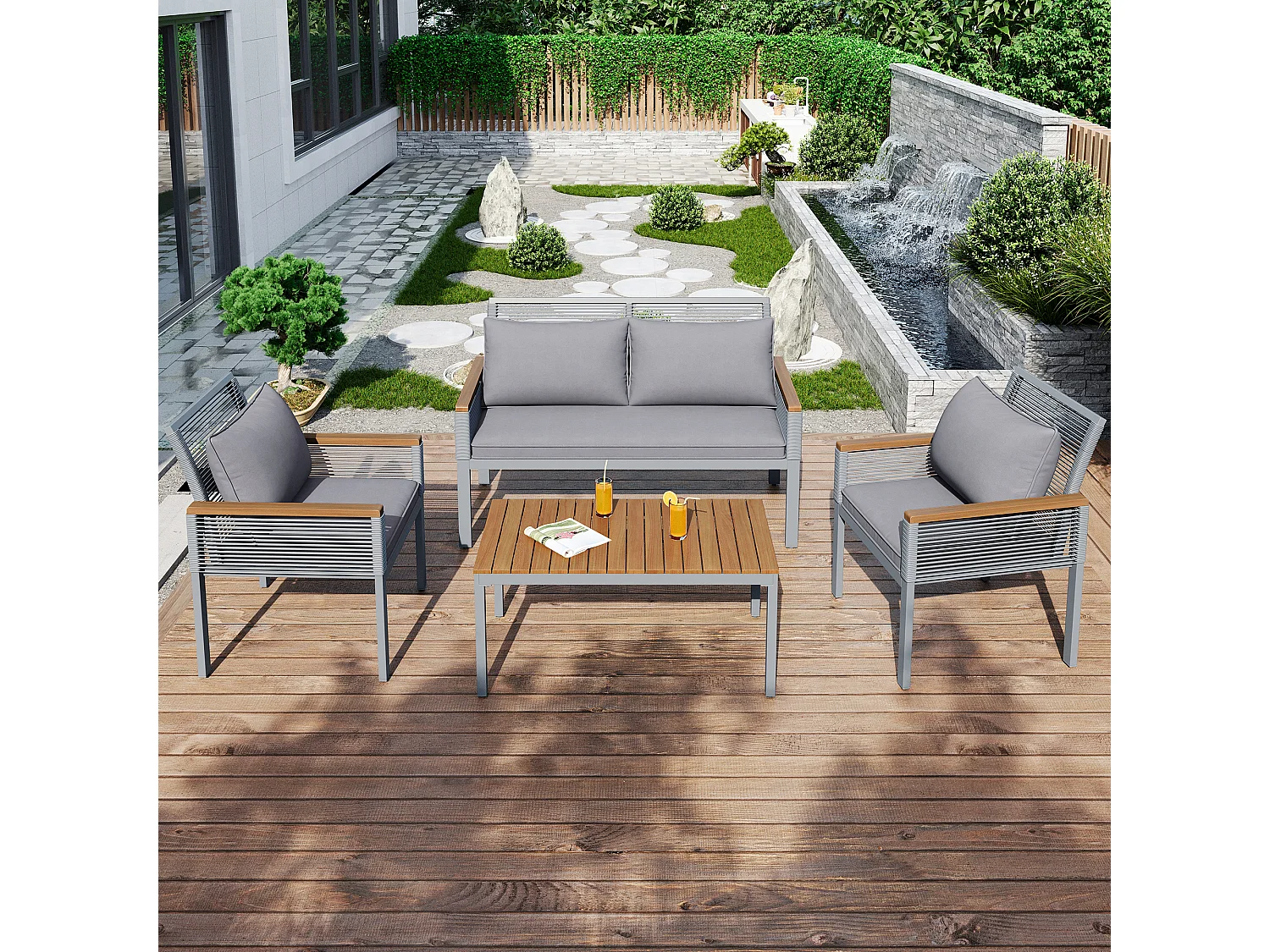 4-Seater Steel Garden Furniture Set - Sofa, 2 Armchairs and Coffee Table - Decorated with PE Rattan and Acacia Wood - Grey