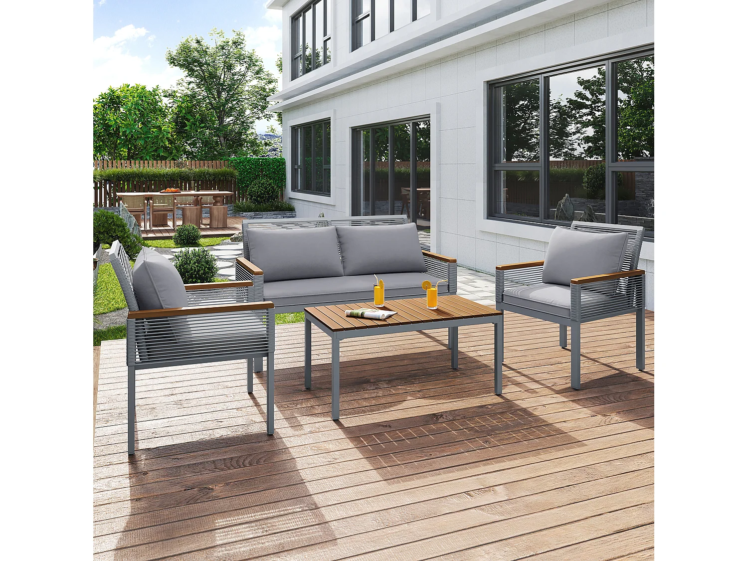 4-Seater Steel Garden Furniture Set - Sofa, 2 Armchairs and Coffee Table - Decorated with PE Rattan and Acacia Wood - Grey
