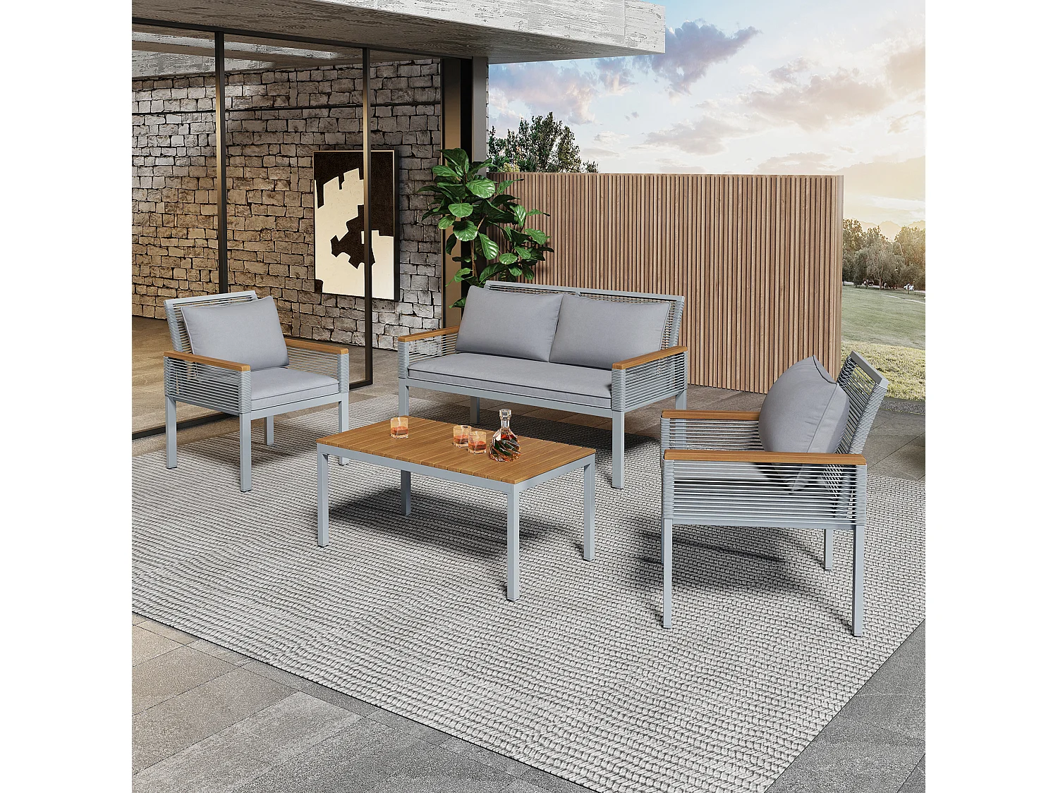 4-Seater Steel Garden Furniture Set - Sofa, 2 Armchairs and Coffee Table - Decorated with PE Rattan and Acacia Wood - Grey