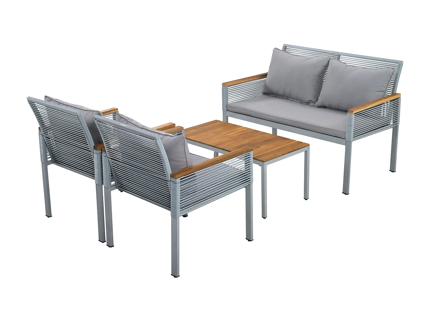 4-Seater Steel Garden Furniture Set - Sofa, 2 Armchairs and Coffee Table - Decorated with PE Rattan and Acacia Wood - Grey