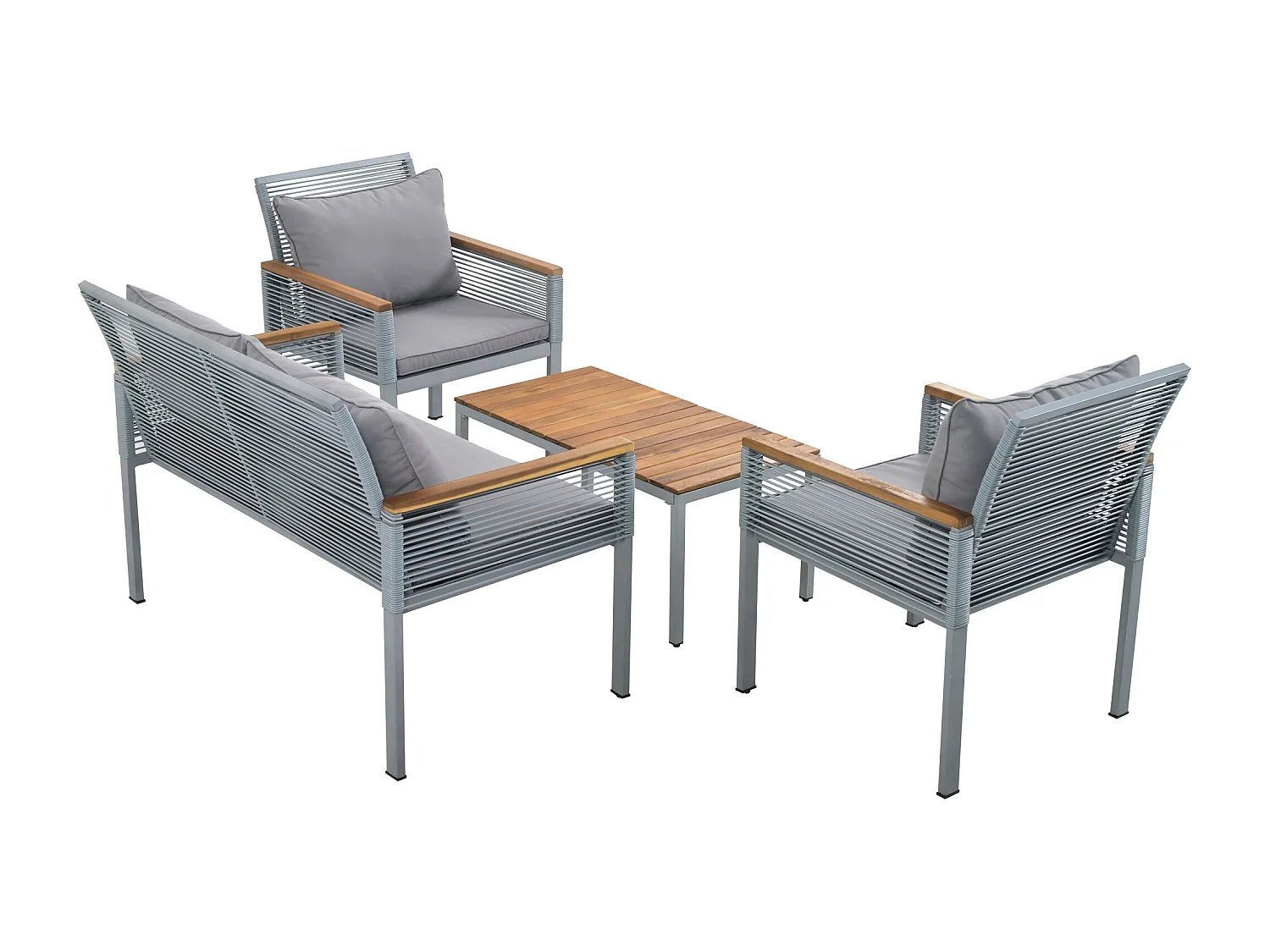 4-Seater Steel Garden Furniture Set - Sofa, 2 Armchairs and Coffee Table - Decorated with PE Rattan and Acacia Wood - Grey