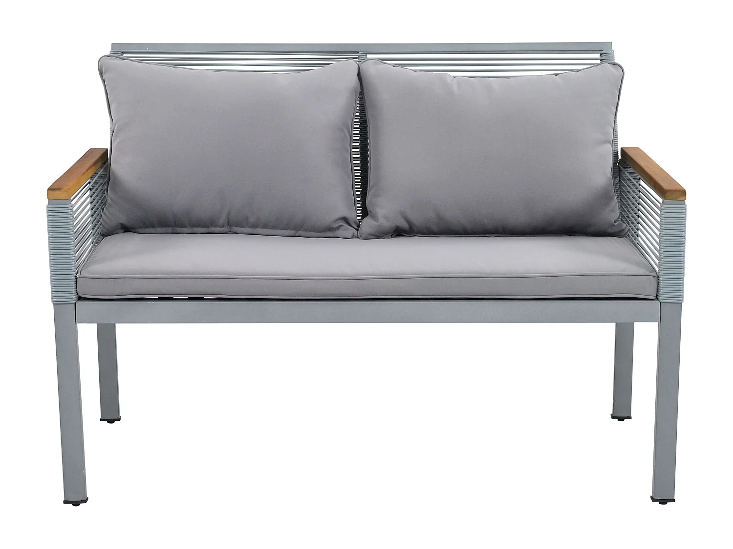 4-Seater Steel Garden Furniture Set - Sofa, 2 Armchairs and Coffee Table - Decorated with PE Rattan and Acacia Wood - Grey