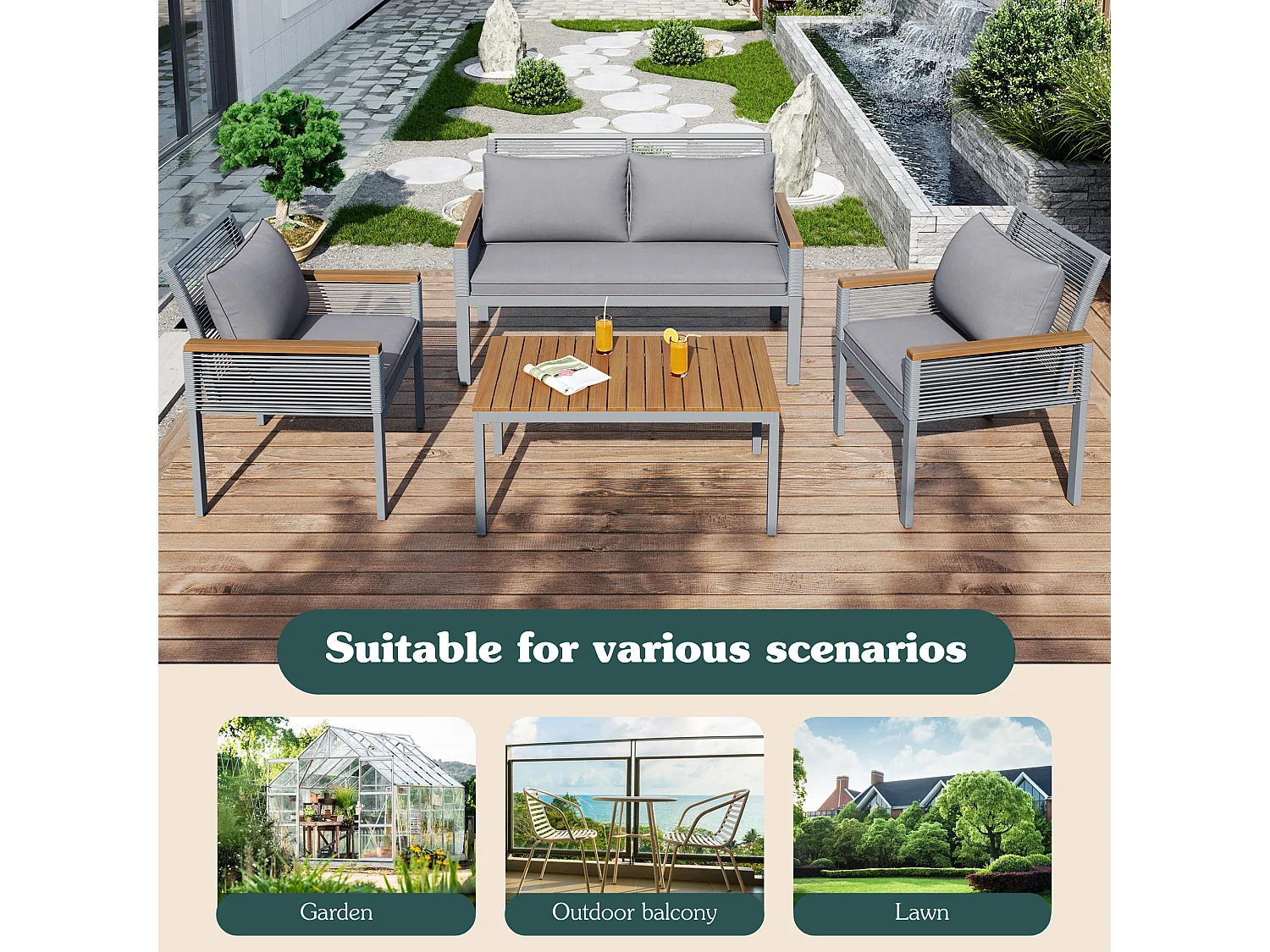 4-Seater Steel Garden Furniture Set - Sofa, 2 Armchairs and Coffee Table - Decorated with PE Rattan and Acacia Wood - Grey