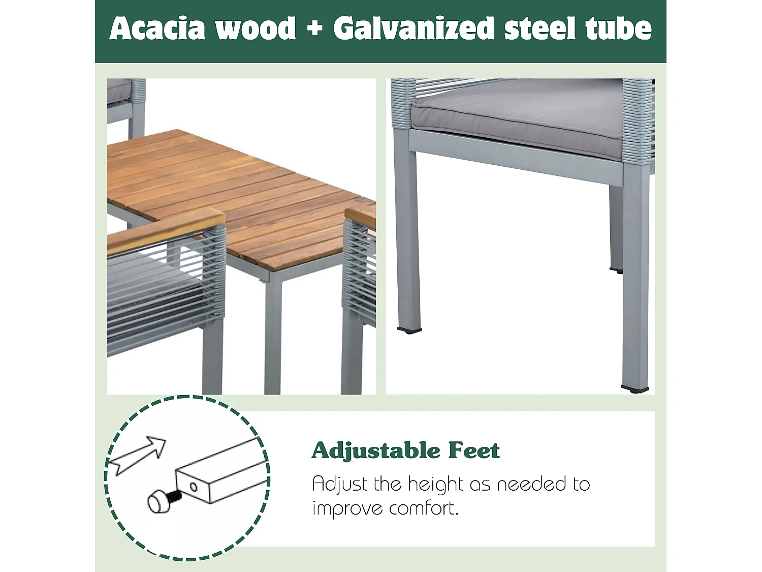 4-Seater Steel Garden Furniture Set - Sofa, 2 Armchairs and Coffee Table - Decorated with PE Rattan and Acacia Wood - Grey