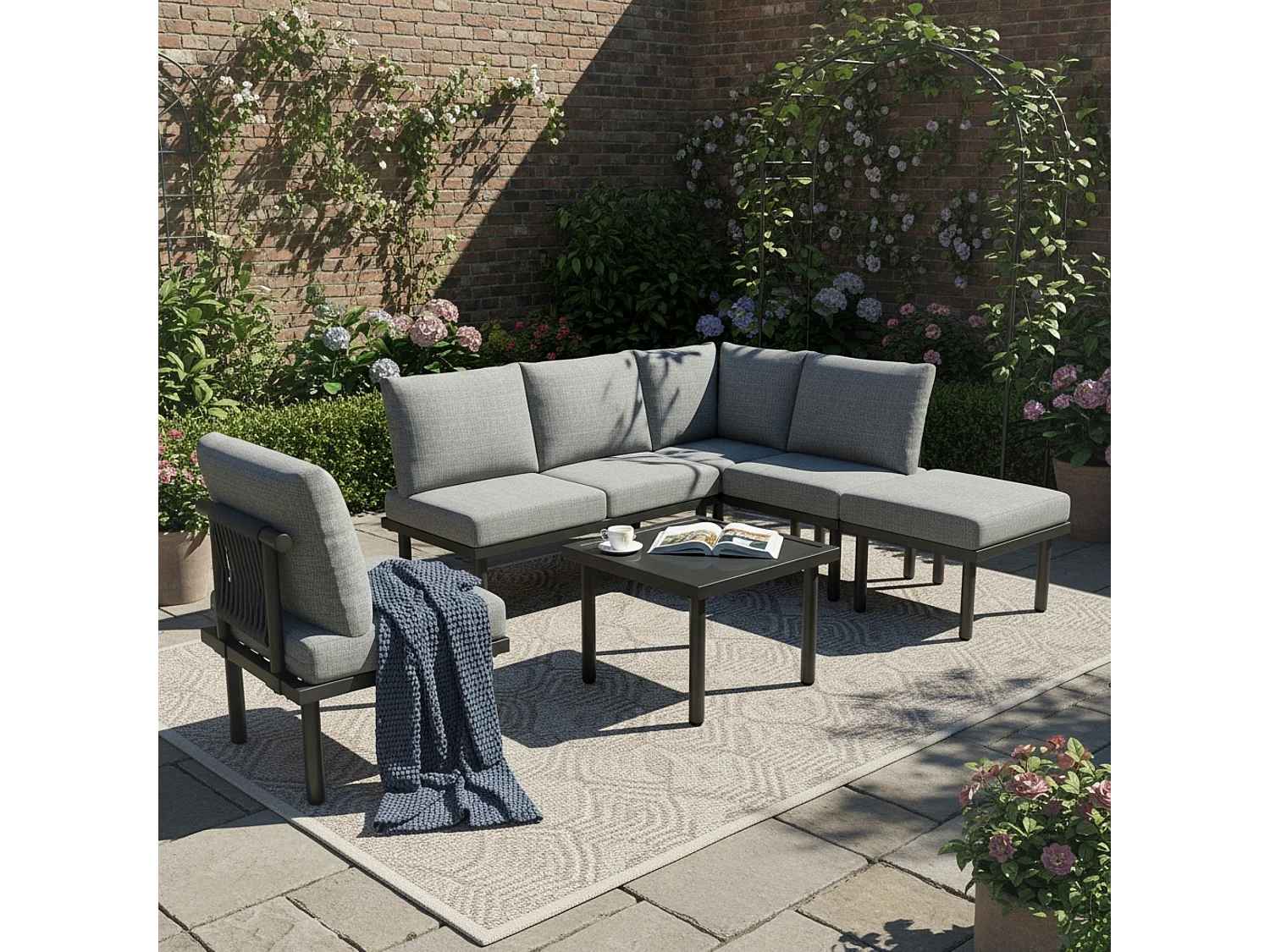 Modular garden furniture set in galvanized steel - suitable for 6 people - decorated with rope - Grey