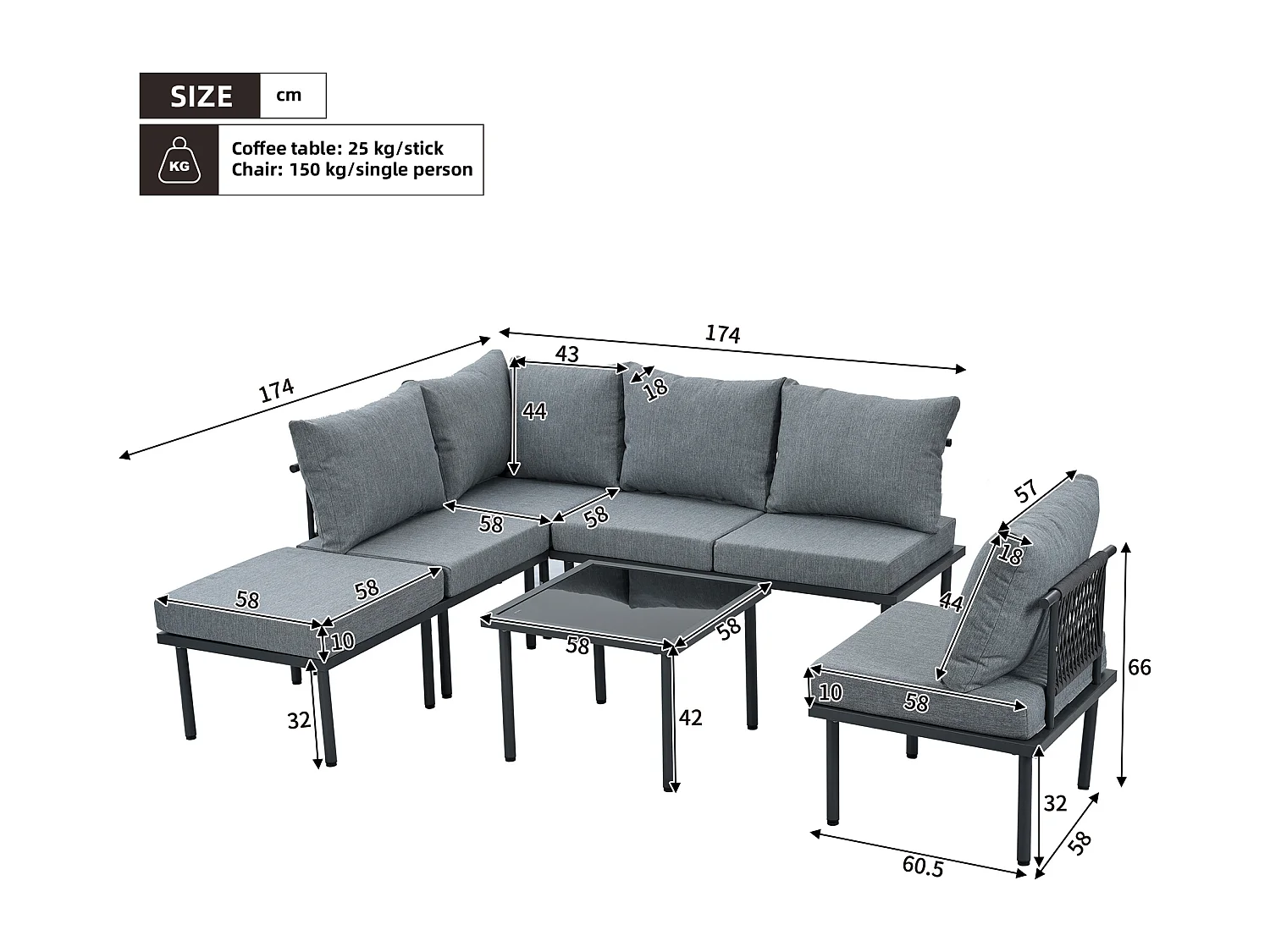 Modular garden furniture set in galvanized steel - suitable for 6 people - decorated with rope - Grey