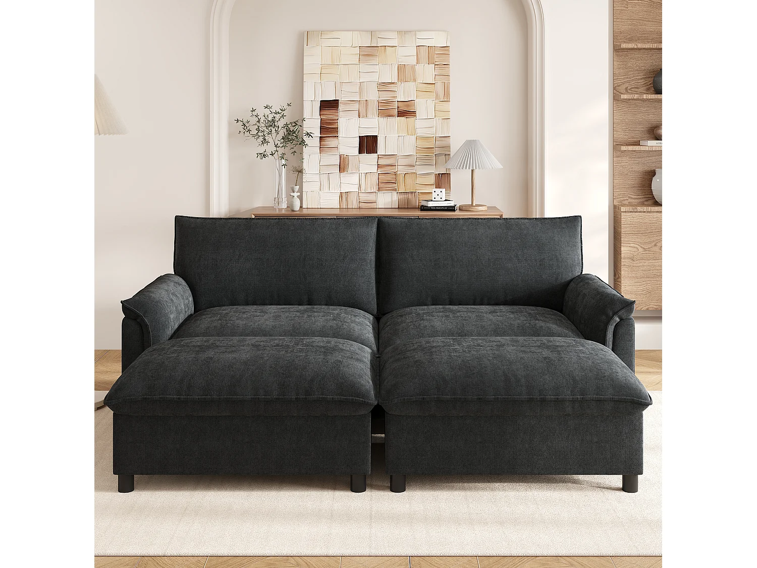 Moderne sofa 216 × 77 × 82 cm - med 2 bevægelige fodskamler - med opbevaringsplads - Chenille - sort
