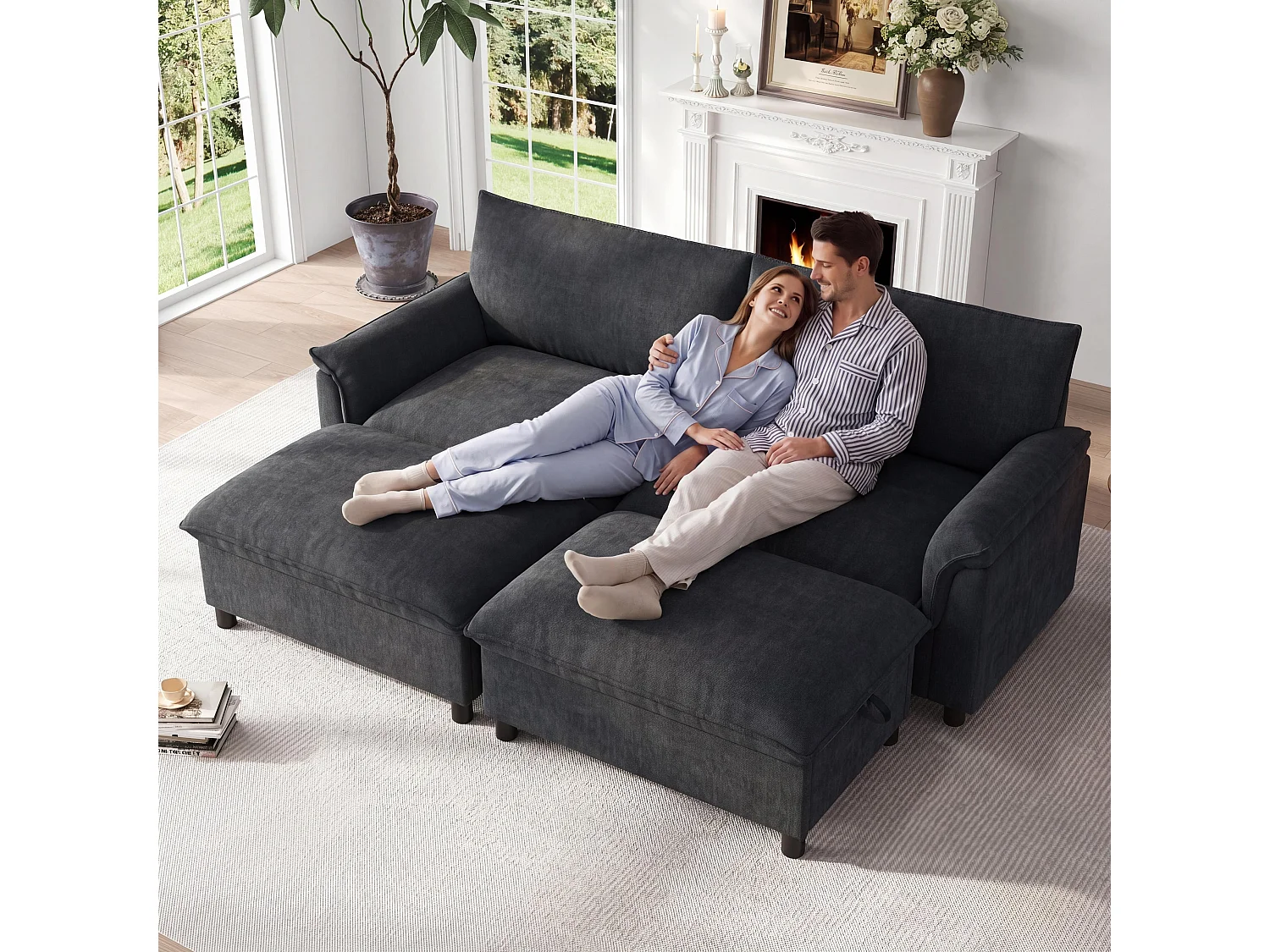 Moderne sofa 216 × 77 × 82 cm - med 2 bevægelige fodskamler - med opbevaringsplads - Chenille - sort