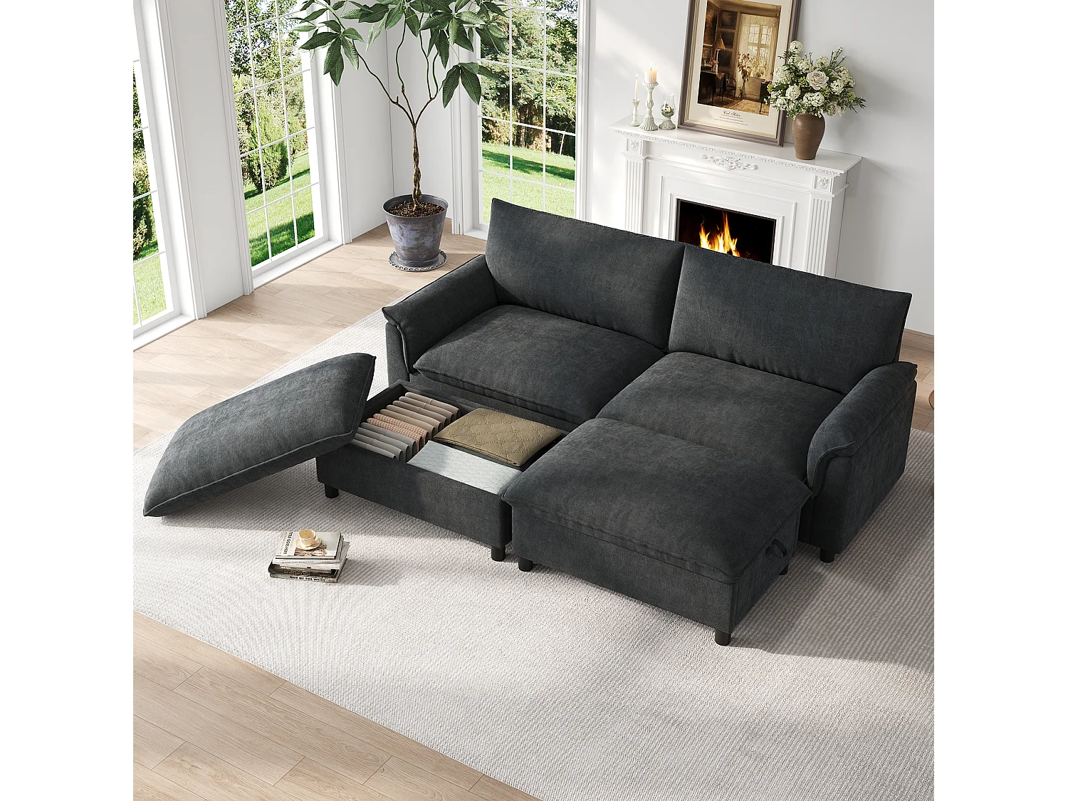 Moderne sofa 216 × 77 × 82 cm - med 2 bevægelige fodskamler - med opbevaringsplads - Chenille - sort