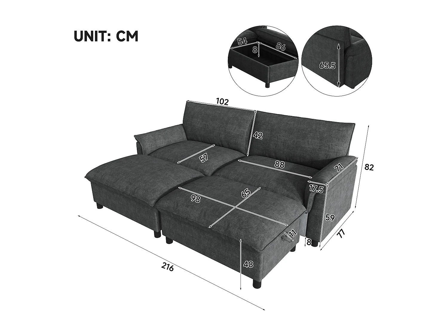 Moderne sofa 216 × 77 × 82 cm - med 2 bevægelige fodskamler - med opbevaringsplads - Chenille - sort