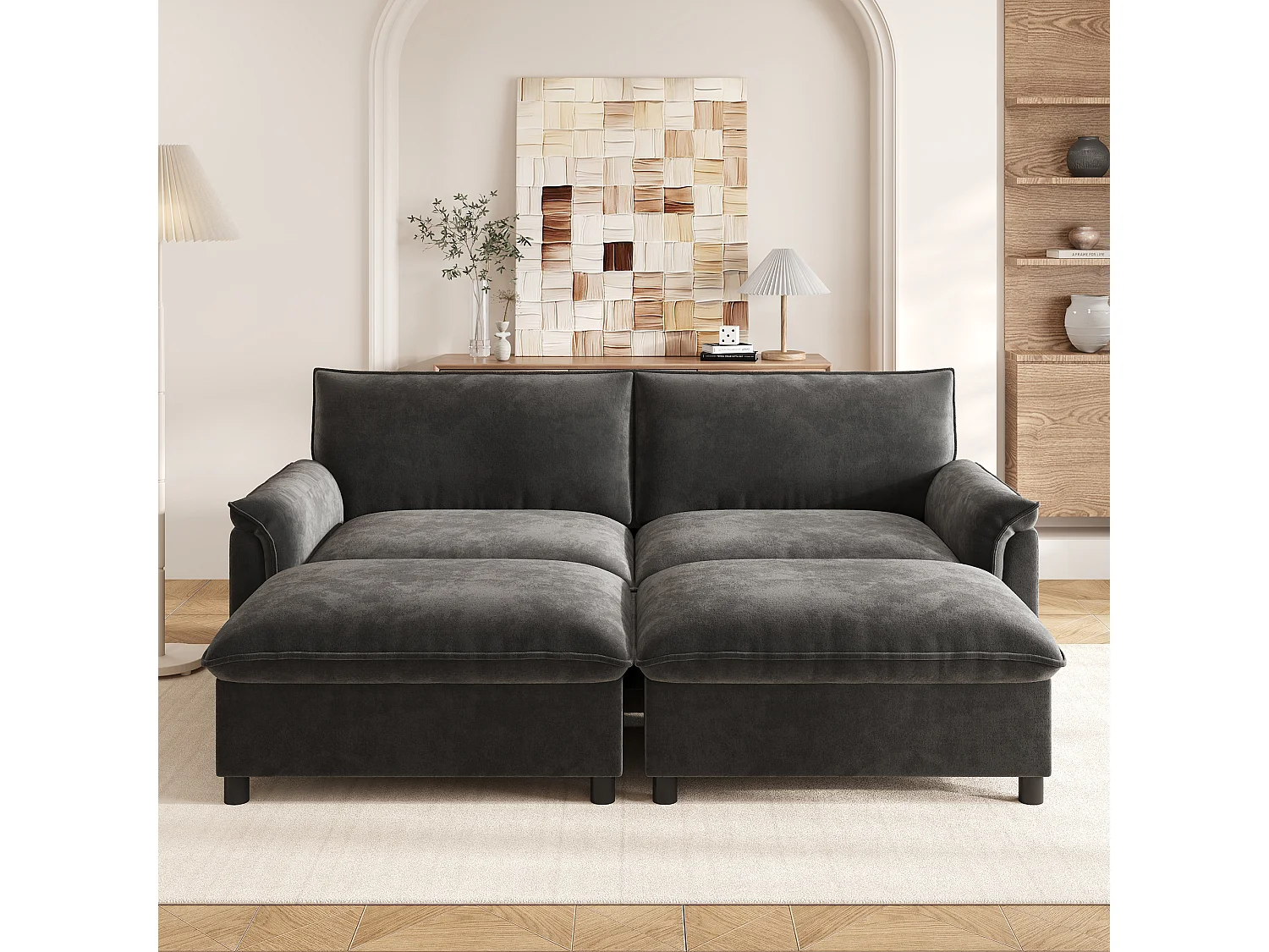 Modern Sofa 216 × 77 × 82 cm - with 2 Movable Footrests - with Storage Space - Chenille - Grey