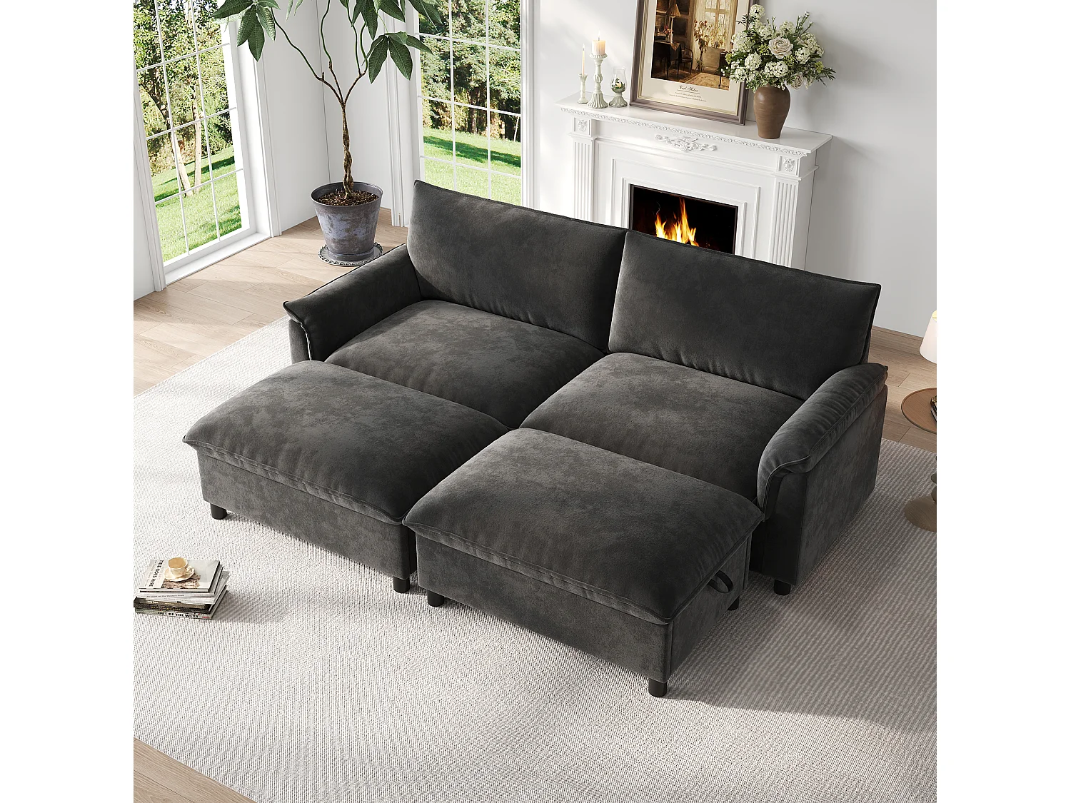 Modern Sofa 216 × 77 × 82 cm - with 2 Movable Footrests - with Storage Space - Chenille - Grey
