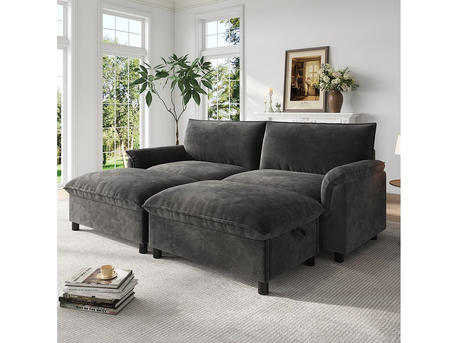 Modern Sofa 216 × 77 × 82 cm - with 2 Movable Footrests - with Storage Space - Chenille - Grey