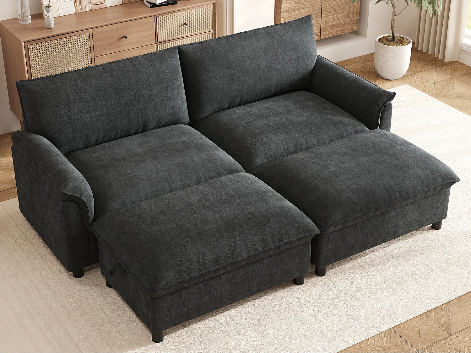 Moderne sofa 216 × 77 × 82 cm - med 2 bevægelige fodskamler - med opbevaringsplads - Chenille - sort