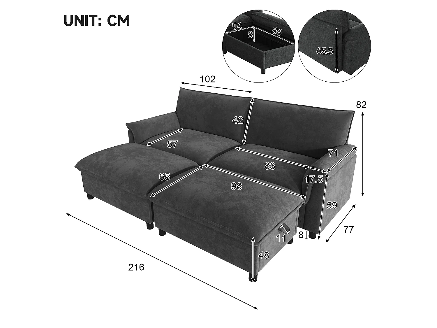 Modern Sofa 216 × 77 × 82 cm - with 2 Movable Footrests - with Storage Space - Chenille - Grey