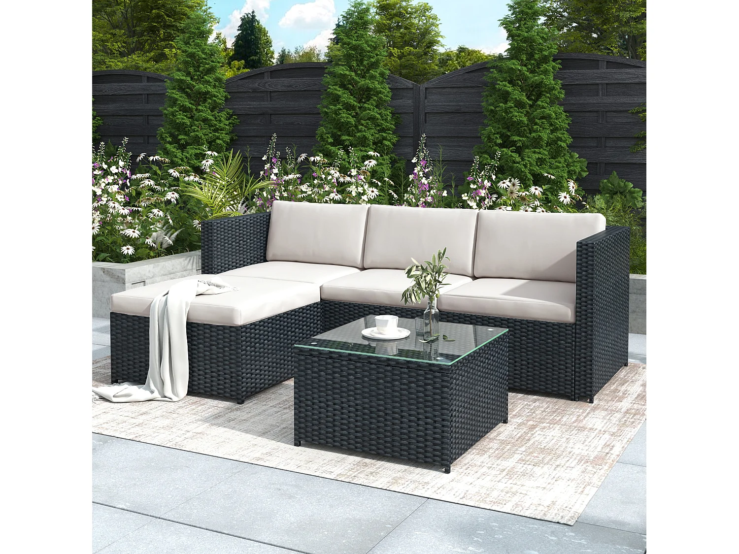 Woven Resin Garden Furniture Set - Outdoor Corner Sofa with Coffee Table - 4 Seater - Black