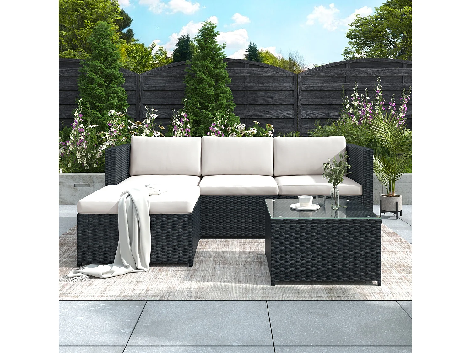 Woven Resin Garden Furniture Set - Outdoor Corner Sofa with Coffee Table - 4 Seater - Black