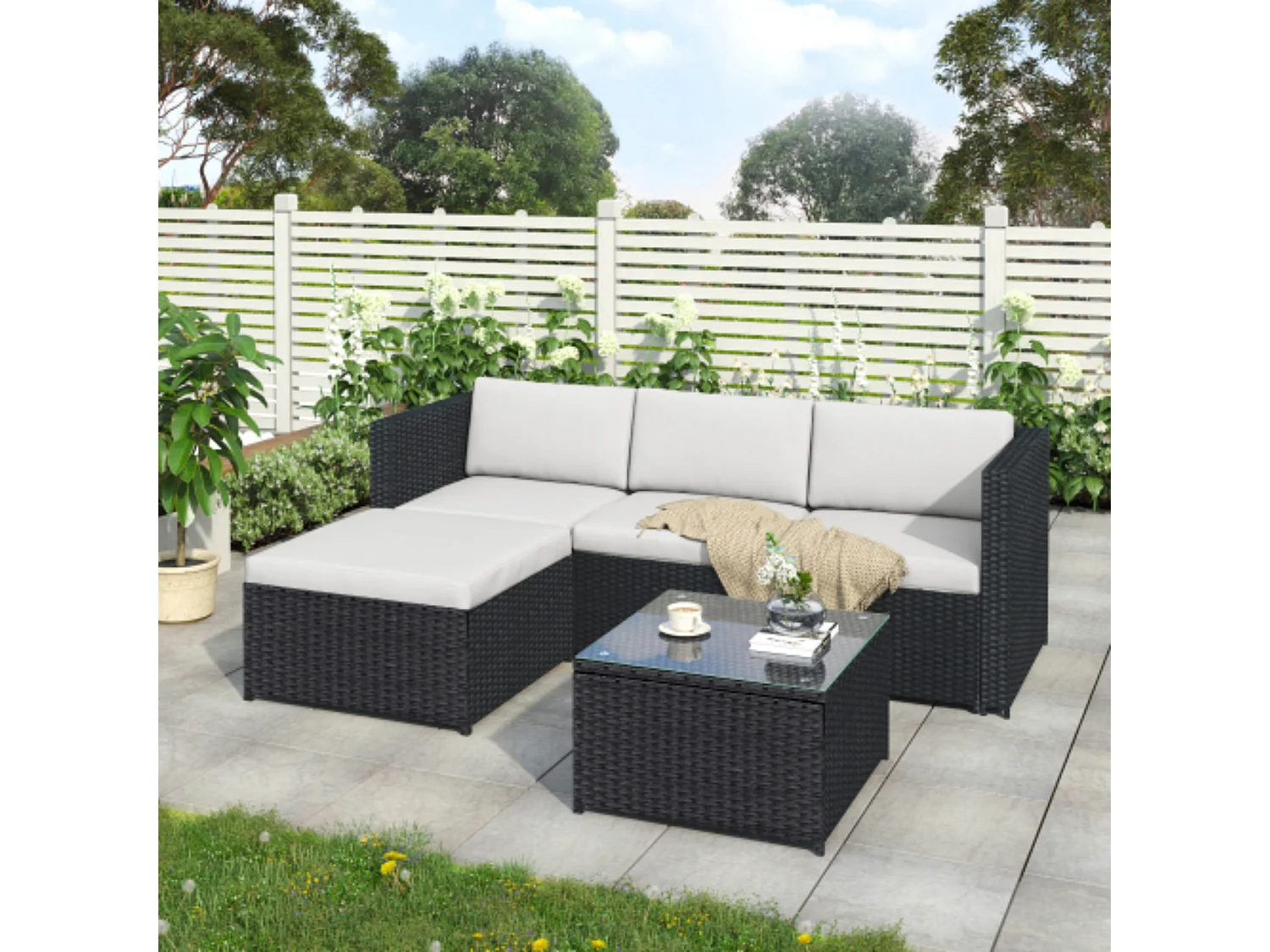Woven Resin Garden Furniture Set - Outdoor Corner Sofa with Coffee Table - 4 Seater - Black