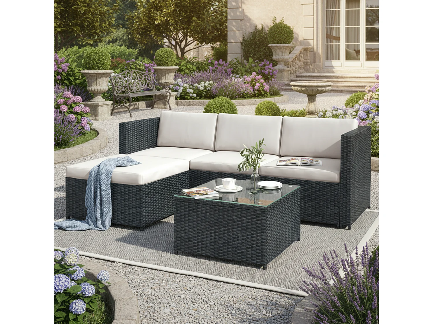 Woven Resin Garden Furniture Set - Outdoor Corner Sofa with Coffee Table - 4 Seater - Black