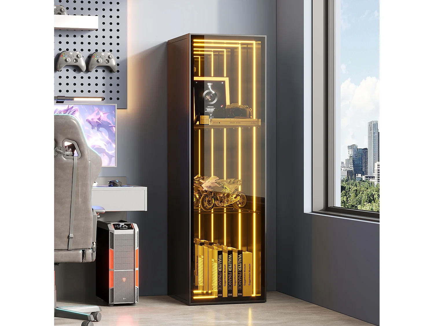 Vitrine 30x30x90 cm - LED-Beleuchtung - 1 Tür und 3 Aufbewahrungsfächer - verstellbare Regale - MDF + Glas - Schwarz