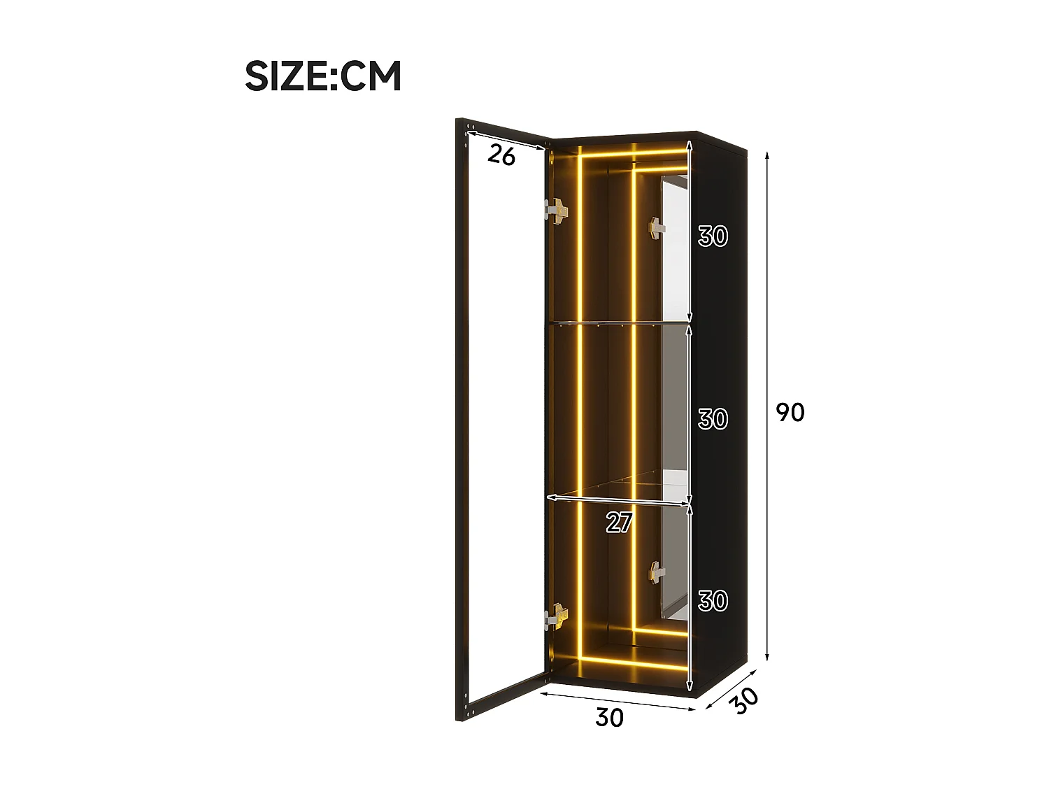 Vitrine 30x30x90 cm - LED-Beleuchtung - 1 Tür und 3 Aufbewahrungsfächer - verstellbare Regale - MDF + Glas - Schwarz