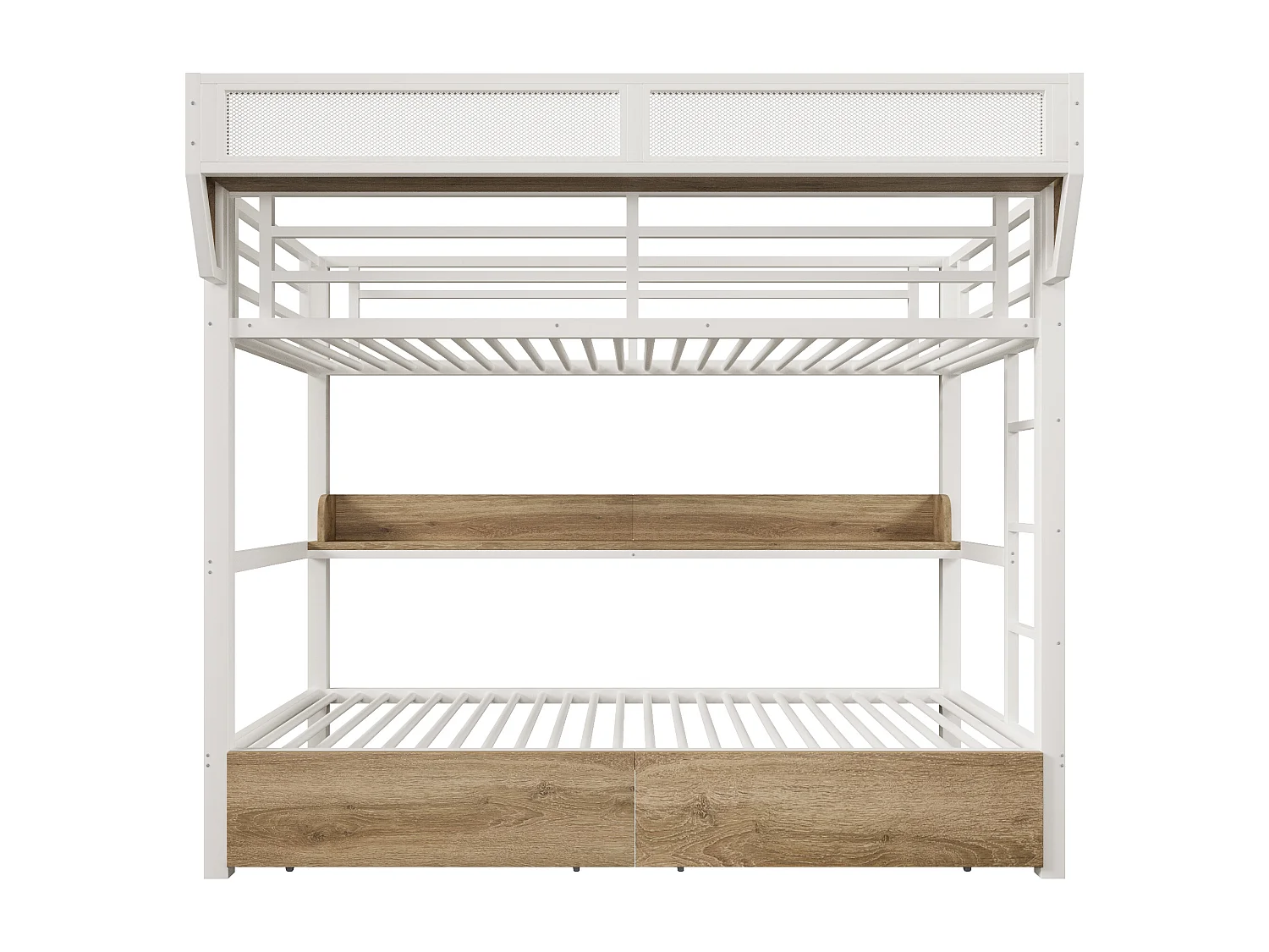 Lit superposé 90 x 200 cm - Structure en fer forgé - avec étagères - avec 2 tiroirs - avec éclairage LED - Blanc (matelas non inclus)