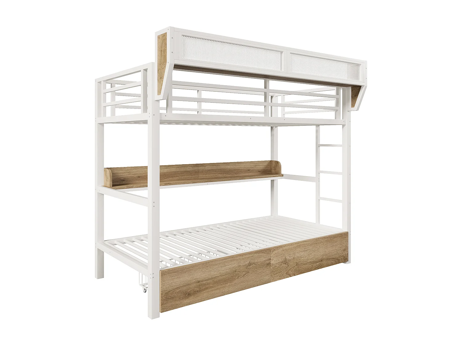 Lit superposé 90 x 200 cm - Structure en fer forgé - avec étagères - avec 2 tiroirs - avec éclairage LED - Blanc (matelas non inclus)