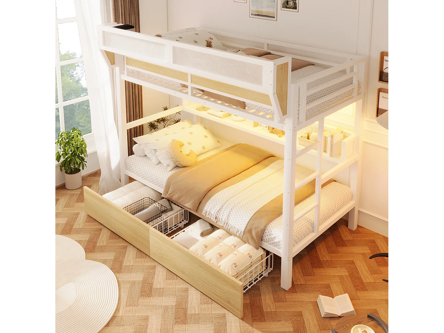 Lit superposé 90 x 200 cm - Structure en fer forgé - avec étagères - avec 2 tiroirs - avec éclairage LED - Blanc (matelas non inclus)
