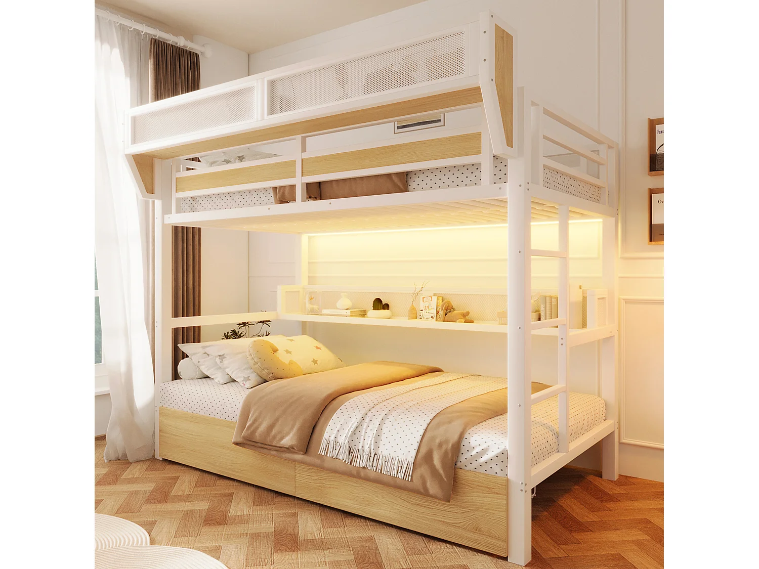 Lit superposé 90 x 200 cm - Structure en fer forgé - avec étagères - avec 2 tiroirs - avec éclairage LED - Blanc (matelas non inclus)