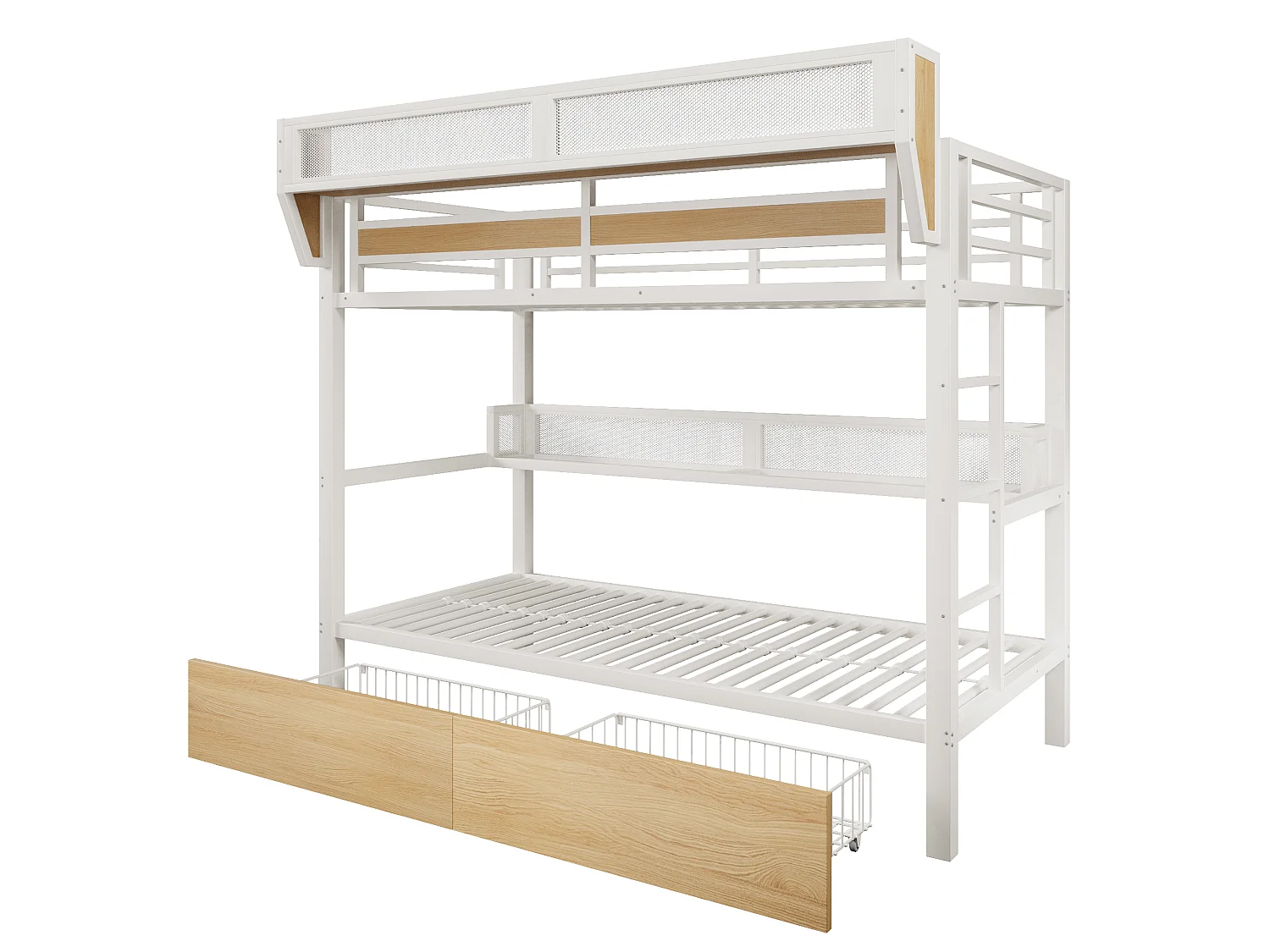 Lit superposé 90 x 200 cm - Structure en fer forgé - avec étagères - avec 2 tiroirs - avec éclairage LED - Blanc (matelas non inclus)
