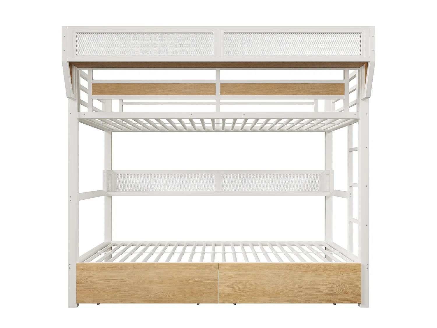 Lit superposé 90 x 200 cm - Structure en fer forgé - avec étagères - avec 2 tiroirs - avec éclairage LED - Blanc (matelas non inclus)