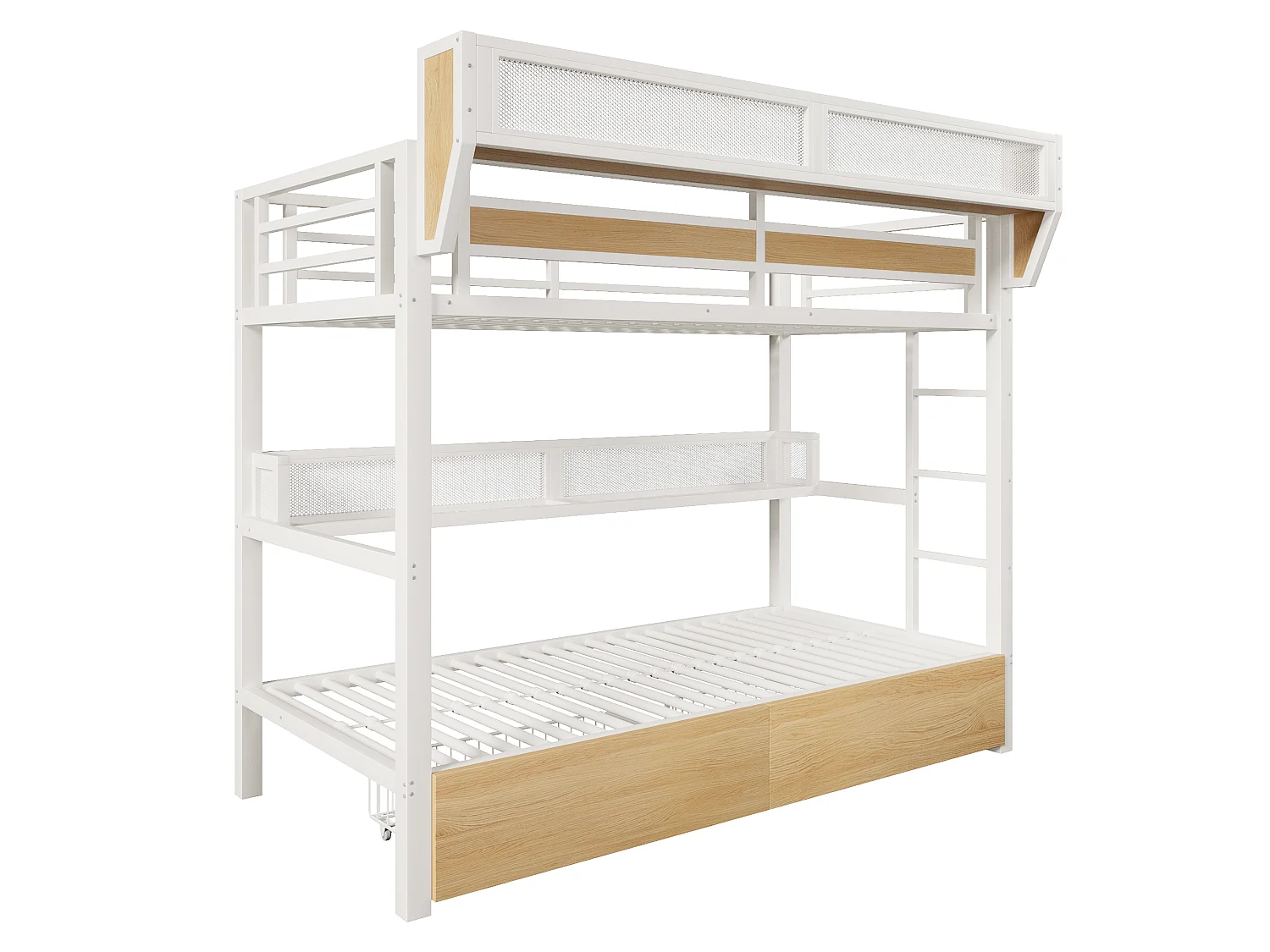 Lit superposé 90 x 200 cm - Structure en fer forgé - avec étagères - avec 2 tiroirs - avec éclairage LED - Blanc (matelas non inclus)