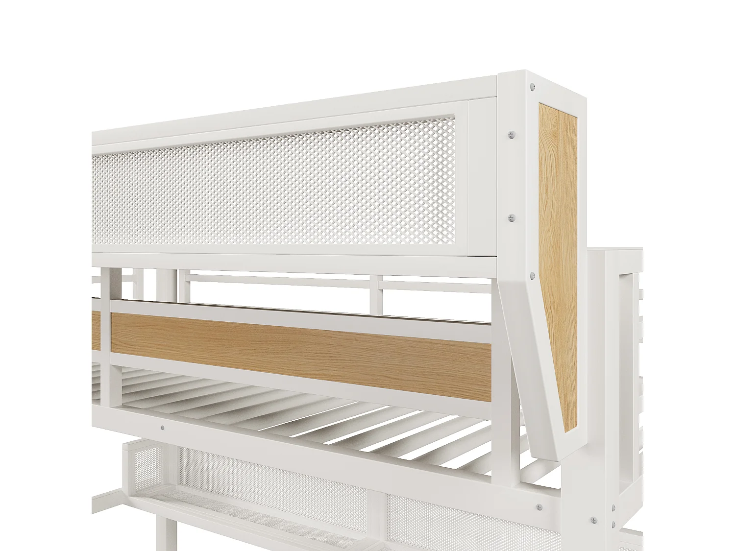 Lit superposé 90 x 200 cm - Structure en fer forgé - avec étagères - avec 2 tiroirs - avec éclairage LED - Blanc (matelas non inclus)