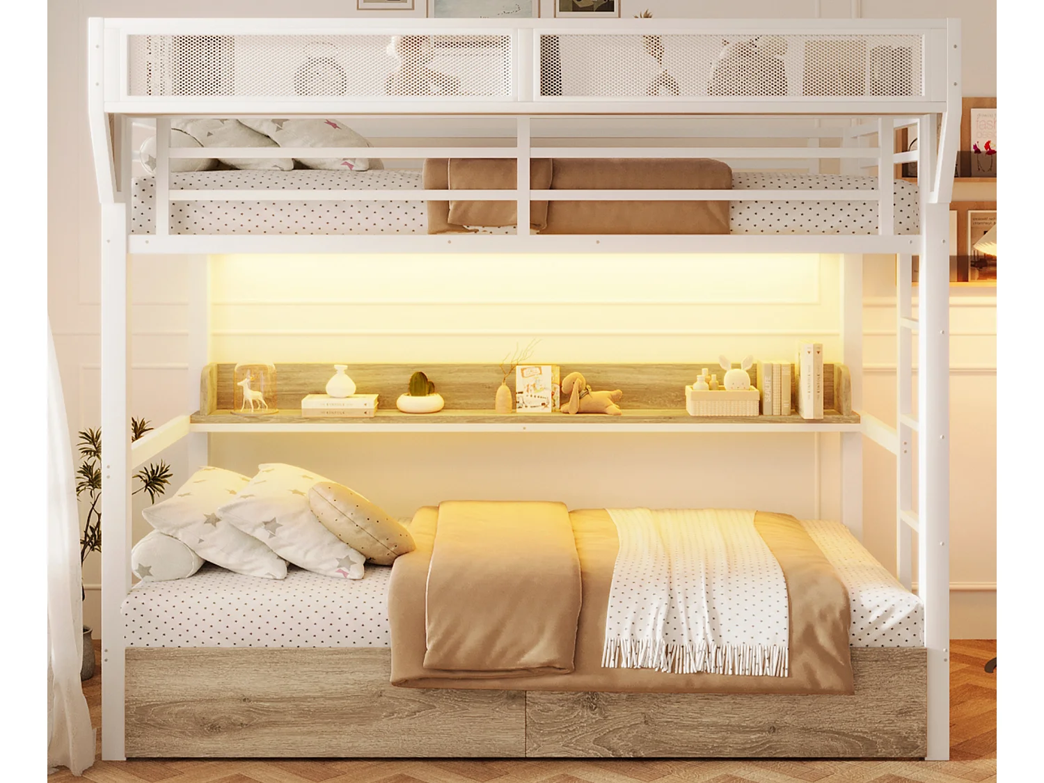 Lit superposé 90 x 200 cm - Structure en fer forgé - avec étagères - avec 2 tiroirs - avec éclairage LED - Blanc (matelas non inclus)