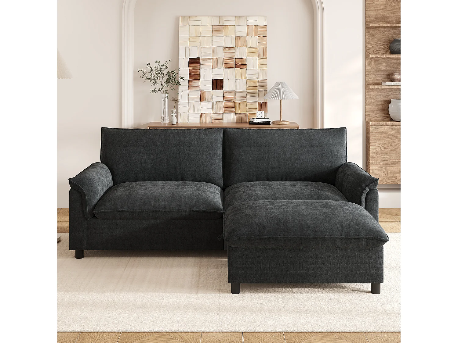 Moderne sofa 216 × 77 × 82 cm - med aftagelig fodskammel - med opbevaringsplads - Chenille - sort