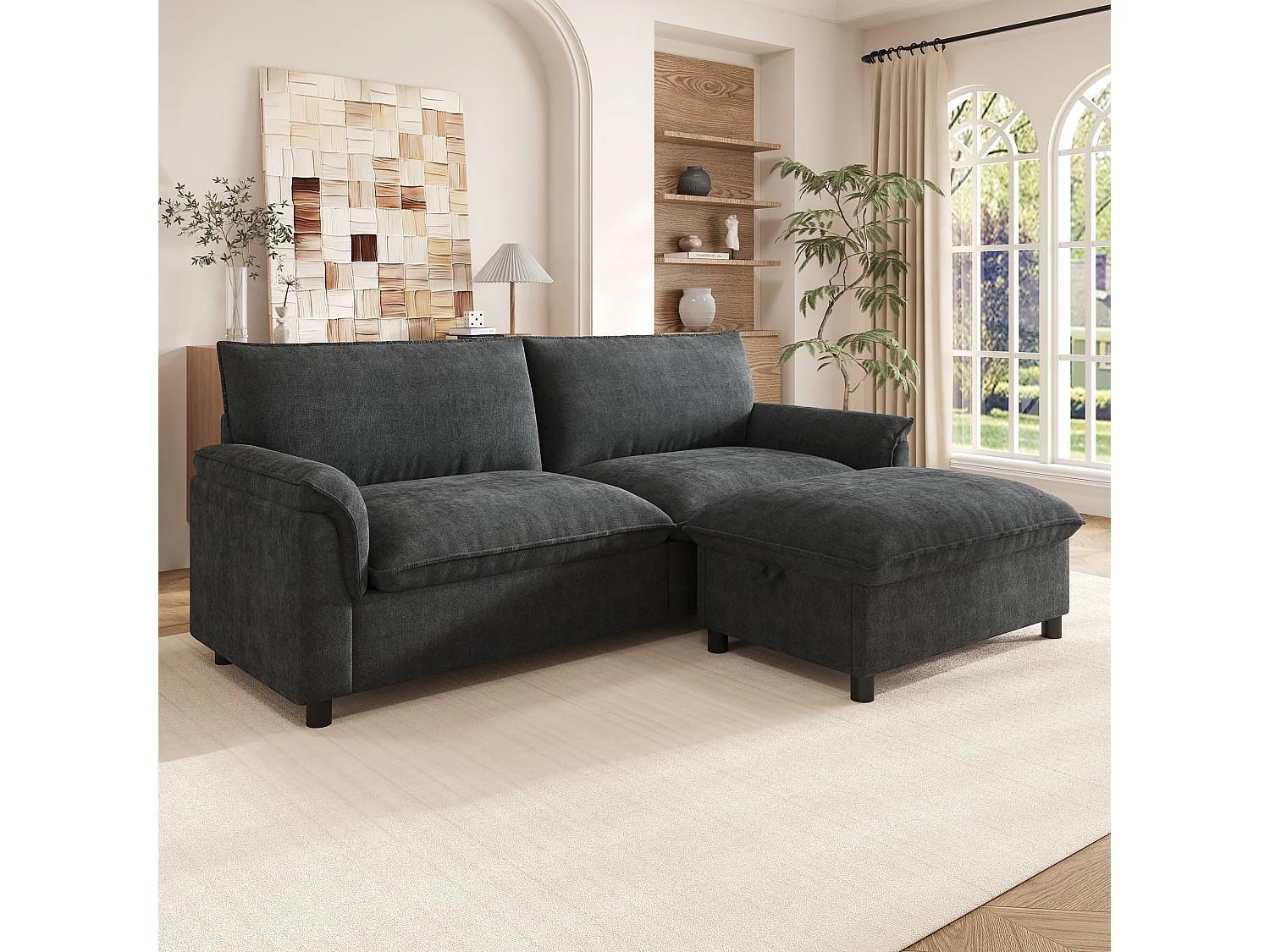 Moderne sofa 216 × 77 × 82 cm - med aftagelig fodskammel - med opbevaringsplads - Chenille - sort
