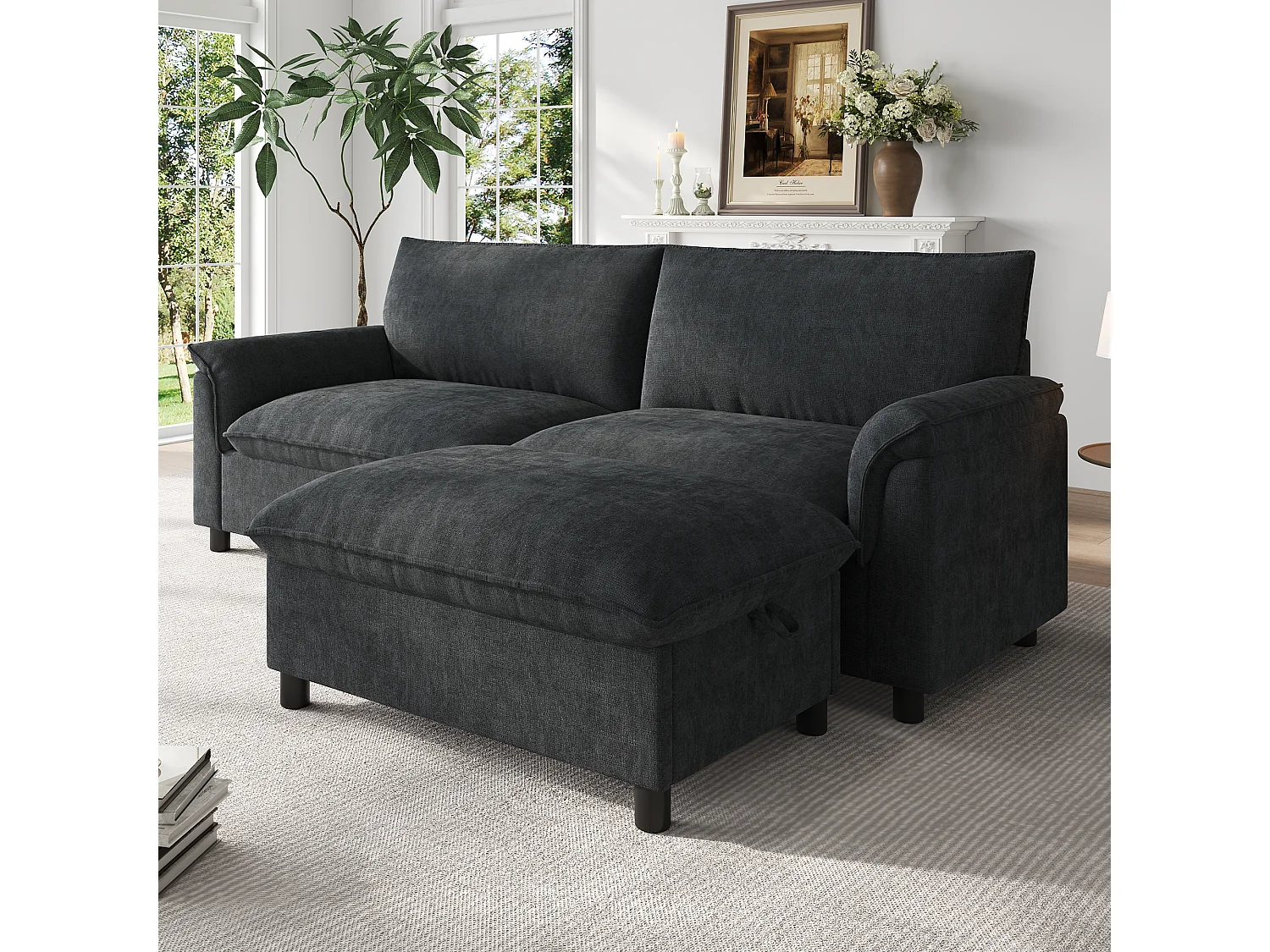 Moderne sofa 216 × 77 × 82 cm - med aftagelig fodskammel - med opbevaringsplads - Chenille - sort