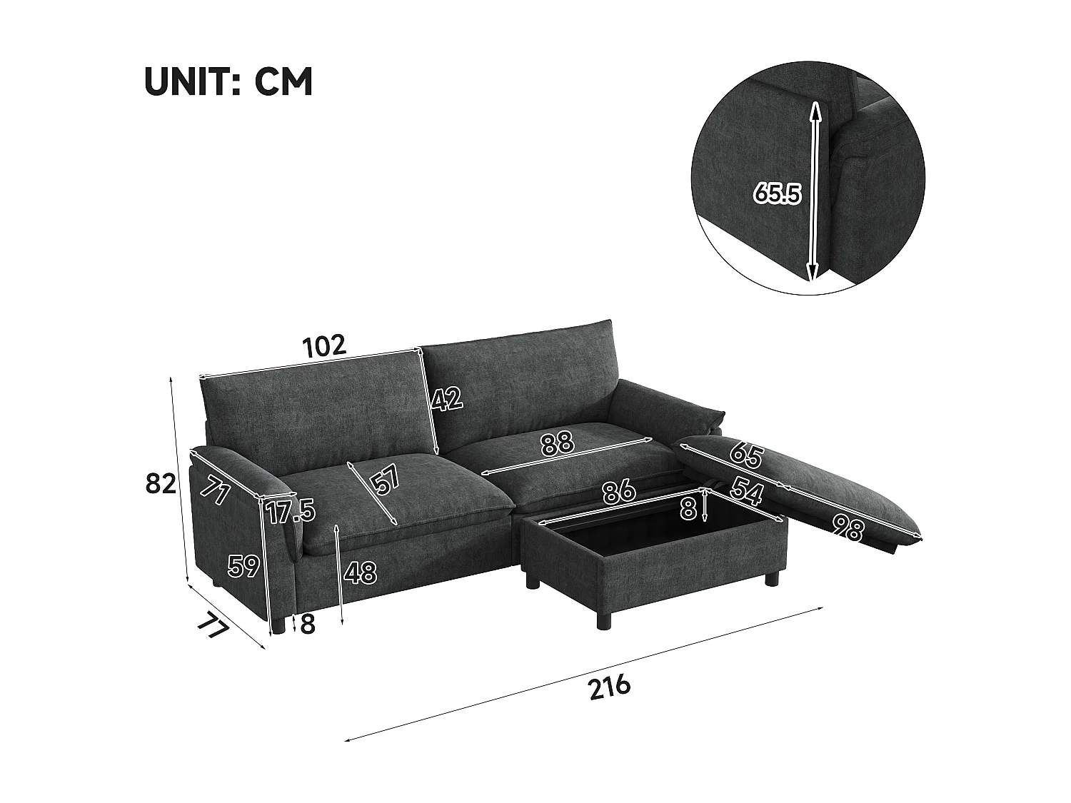 Moderne sofa 216 × 77 × 82 cm - med aftagelig fodskammel - med opbevaringsplads - Chenille - sort