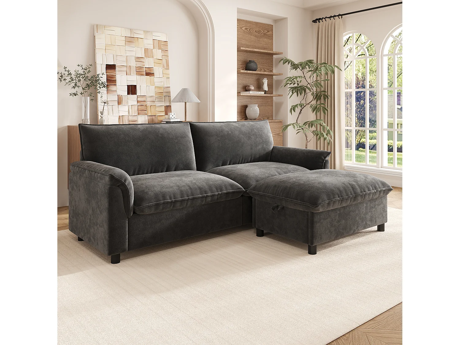 Modern Sofa 216 × 77 × 82 cm - with Removable Footrest - with Storage Space - Chenille - Grey