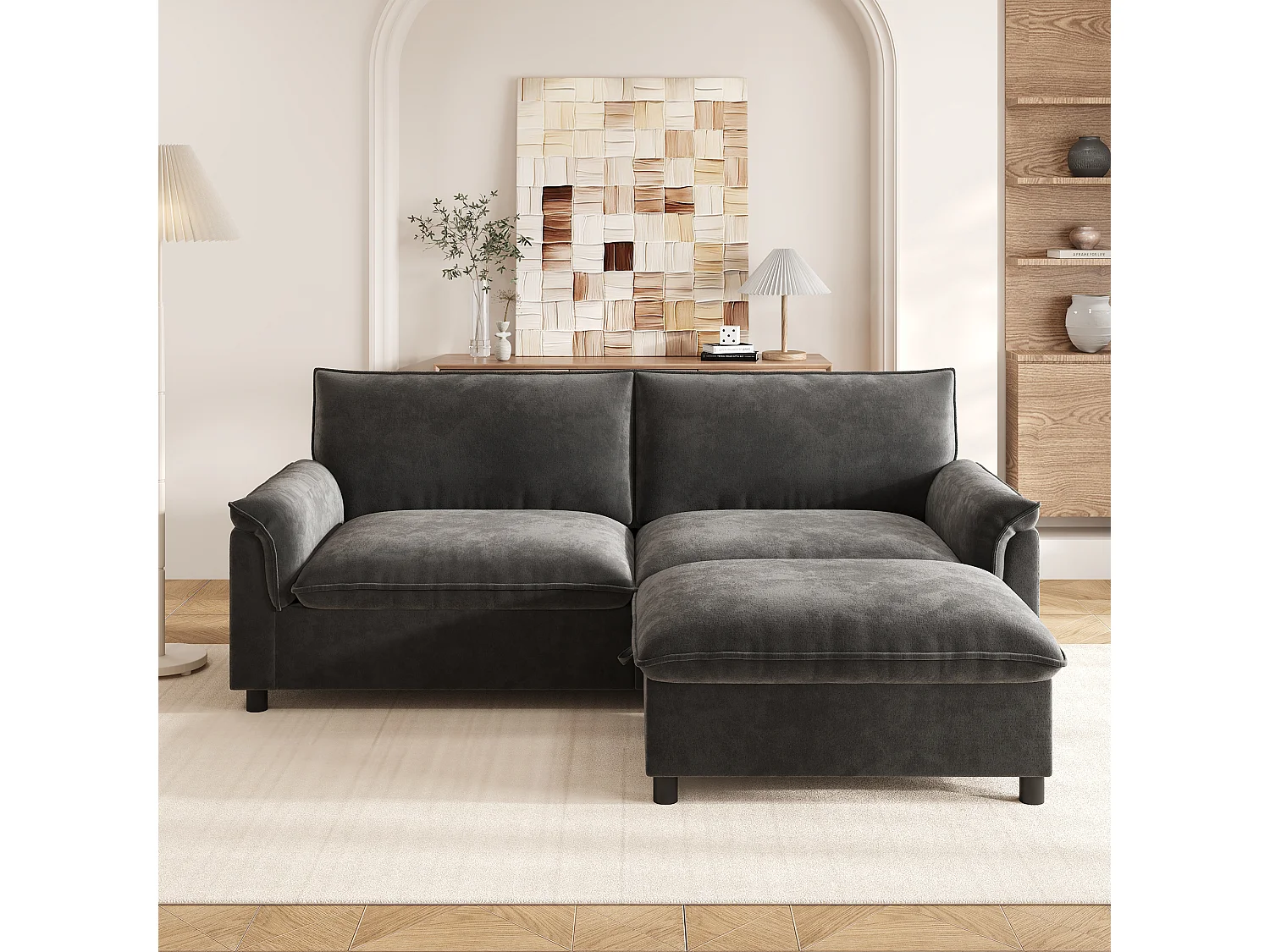 Modern Sofa 216 × 77 × 82 cm - with Removable Footrest - with Storage Space - Chenille - Grey