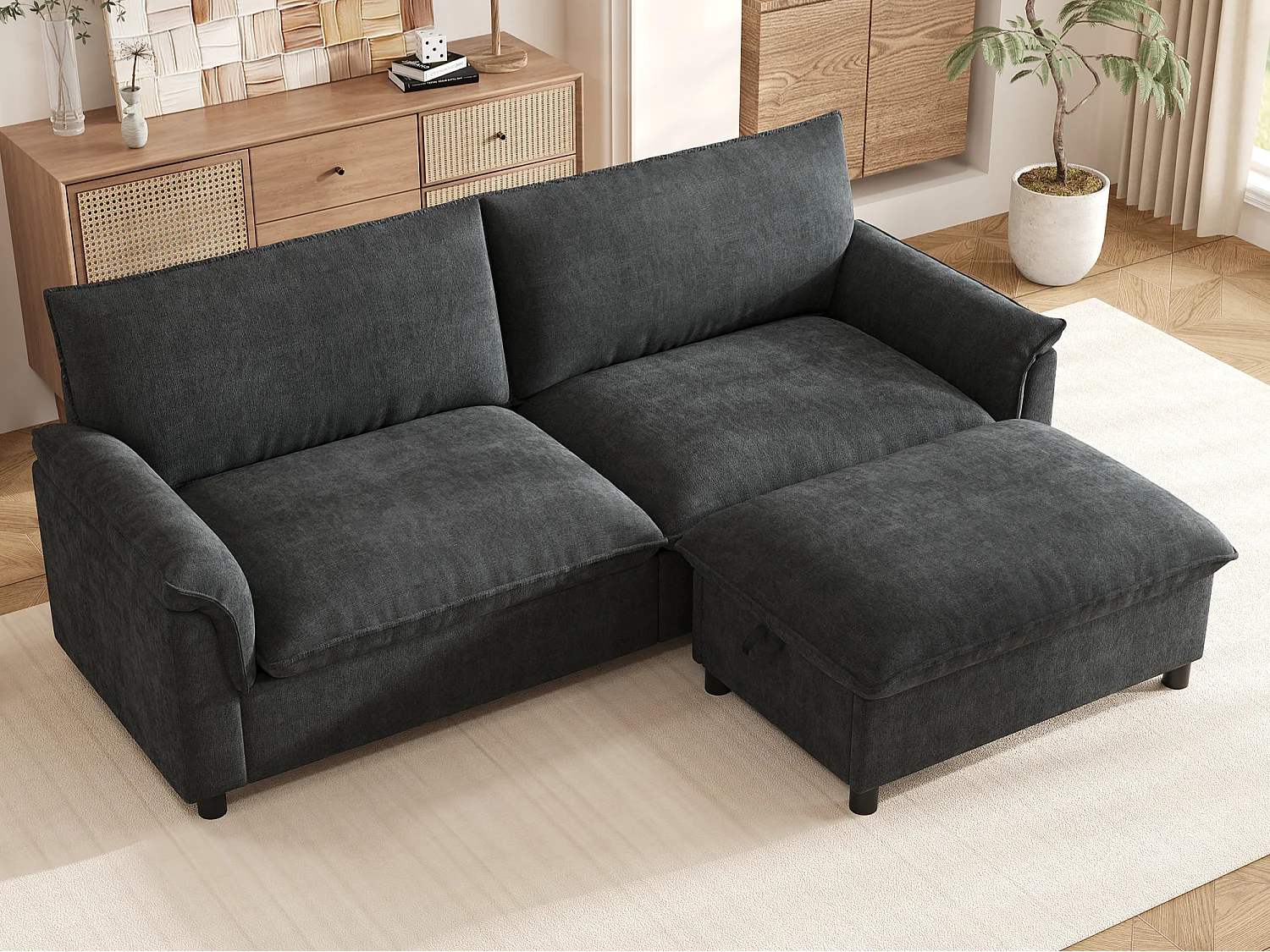 Moderne sofa 216 × 77 × 82 cm - med aftagelig fodskammel - med opbevaringsplads - Chenille - sort