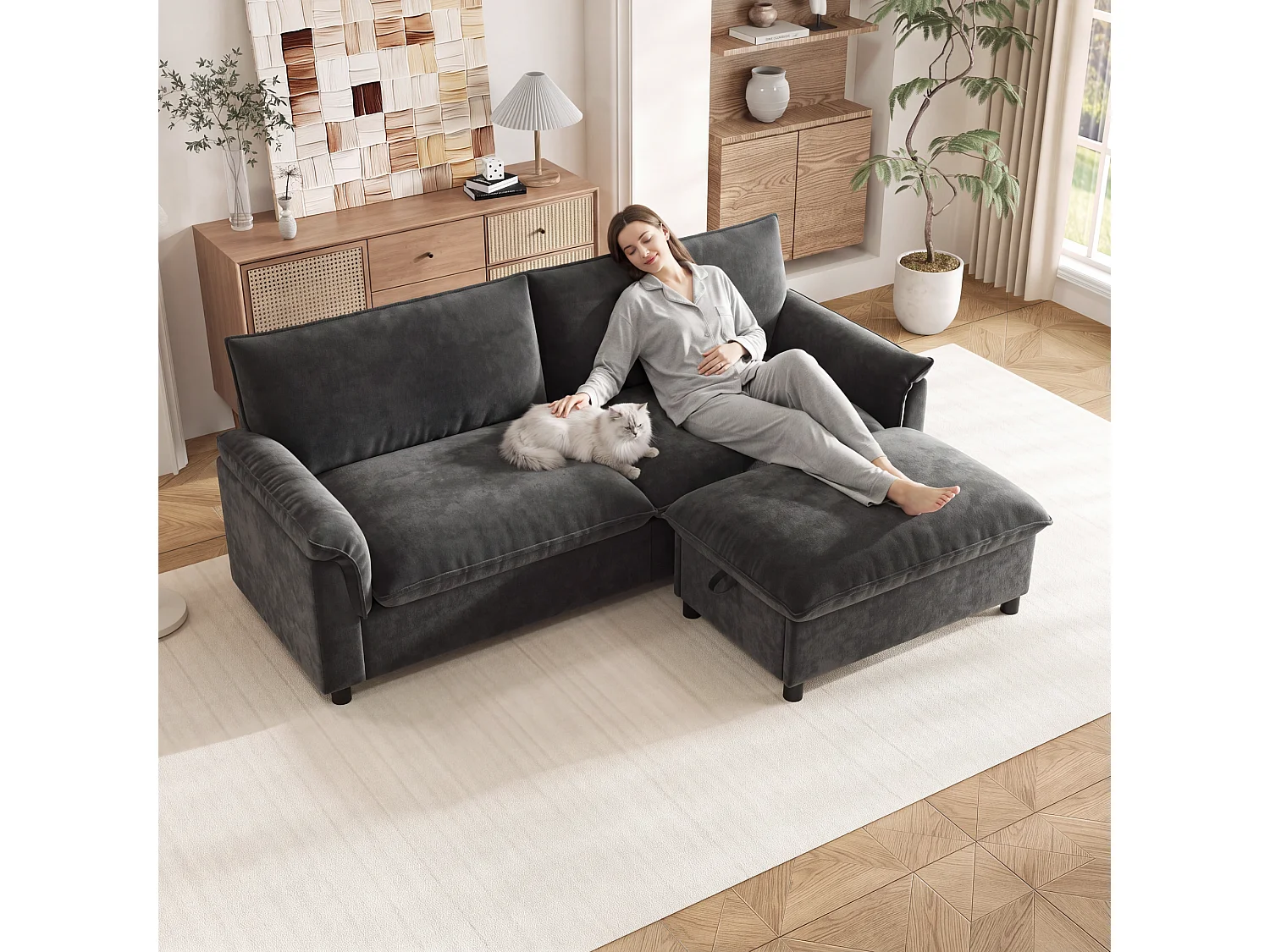 Modern Sofa 216 × 77 × 82 cm - with Removable Footrest - with Storage Space - Chenille - Grey