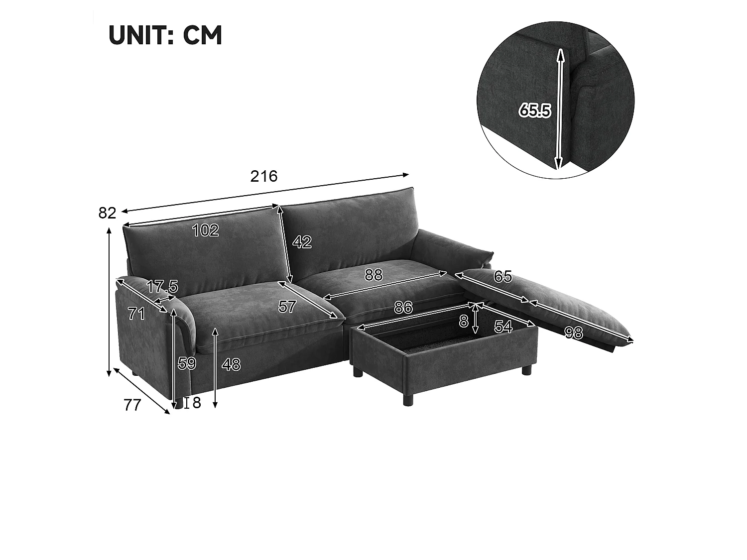 Modern Sofa 216 × 77 × 82 cm - with Removable Footrest - with Storage Space - Chenille - Grey