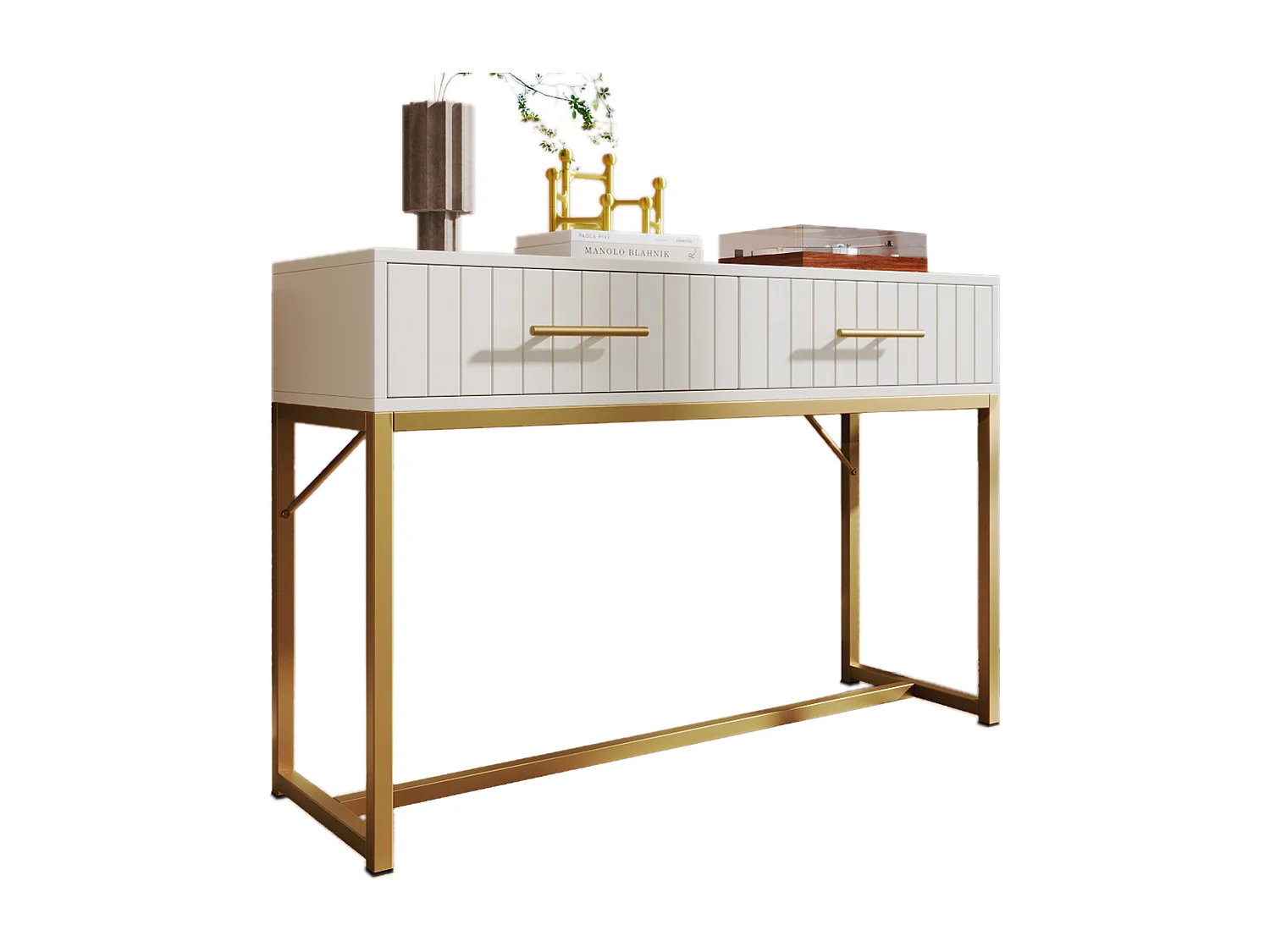 Dressing table decorated with vertical stripes - H 75 cm - with 2 drawers and metal legs - white