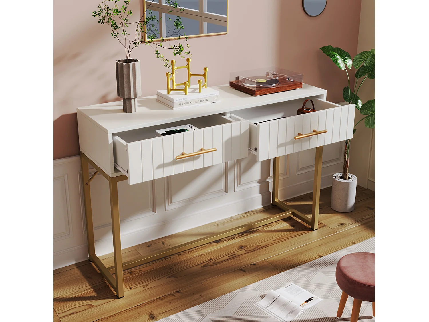 Dressing table decorated with vertical stripes - H 75 cm - with 2 drawers and metal legs - white