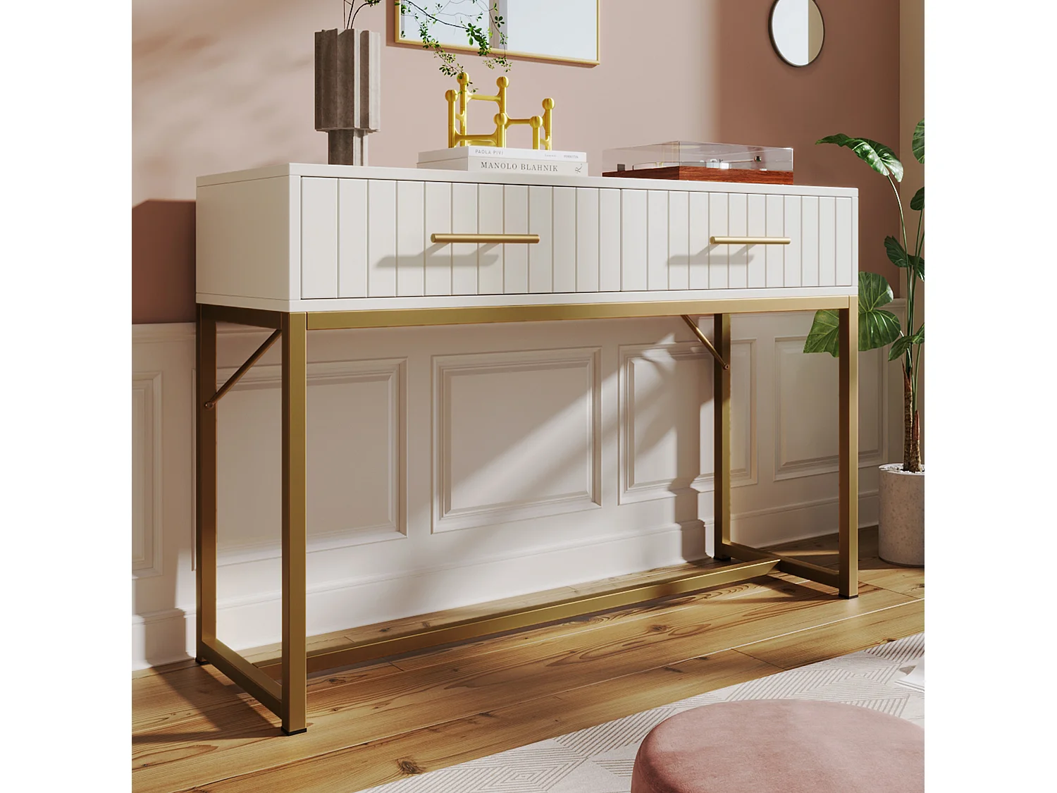 Dressing table decorated with vertical stripes - H 75 cm - with 2 drawers and metal legs - white