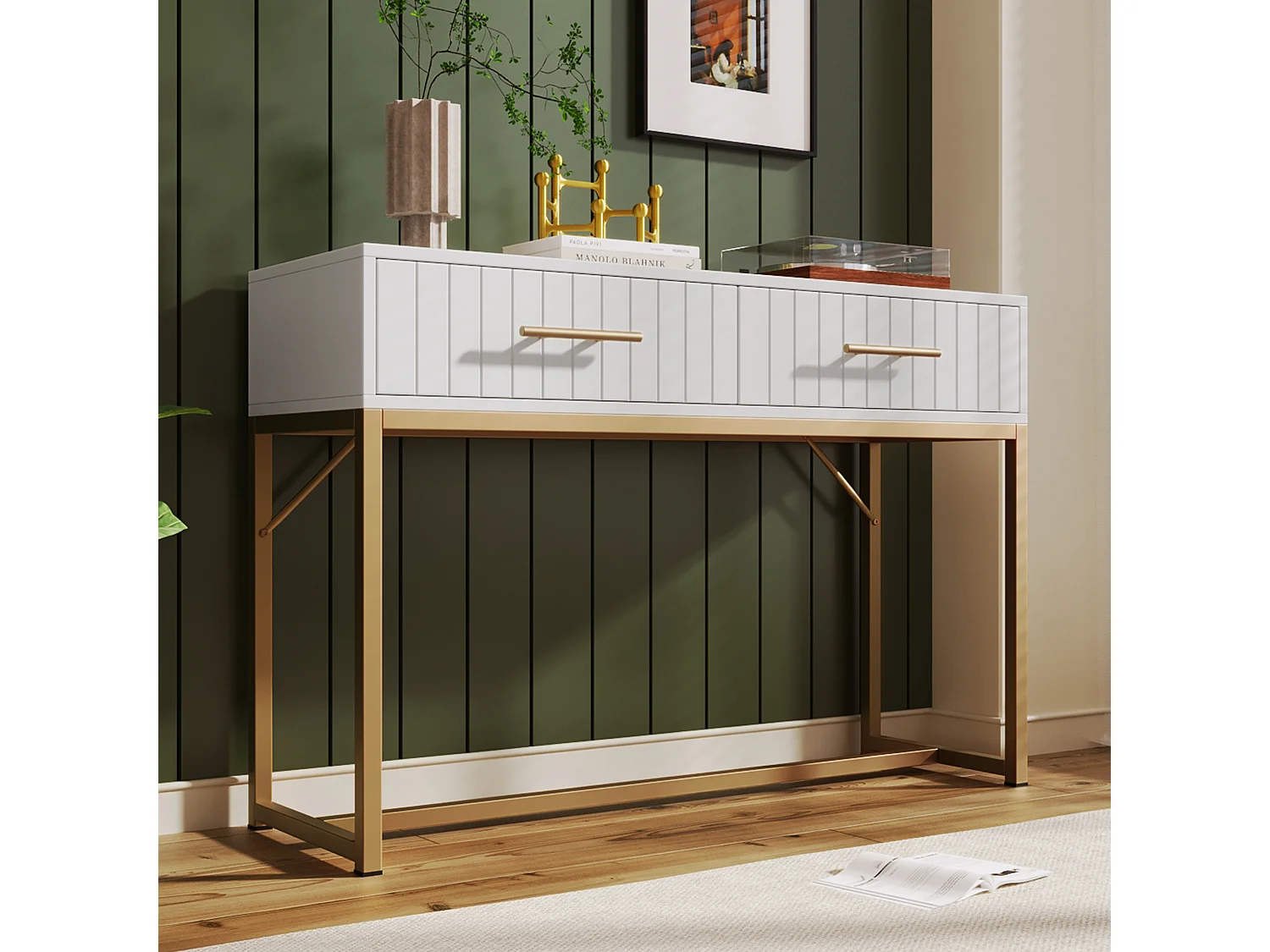 Dressing table decorated with vertical stripes - H 75 cm - with 2 drawers and metal legs - white