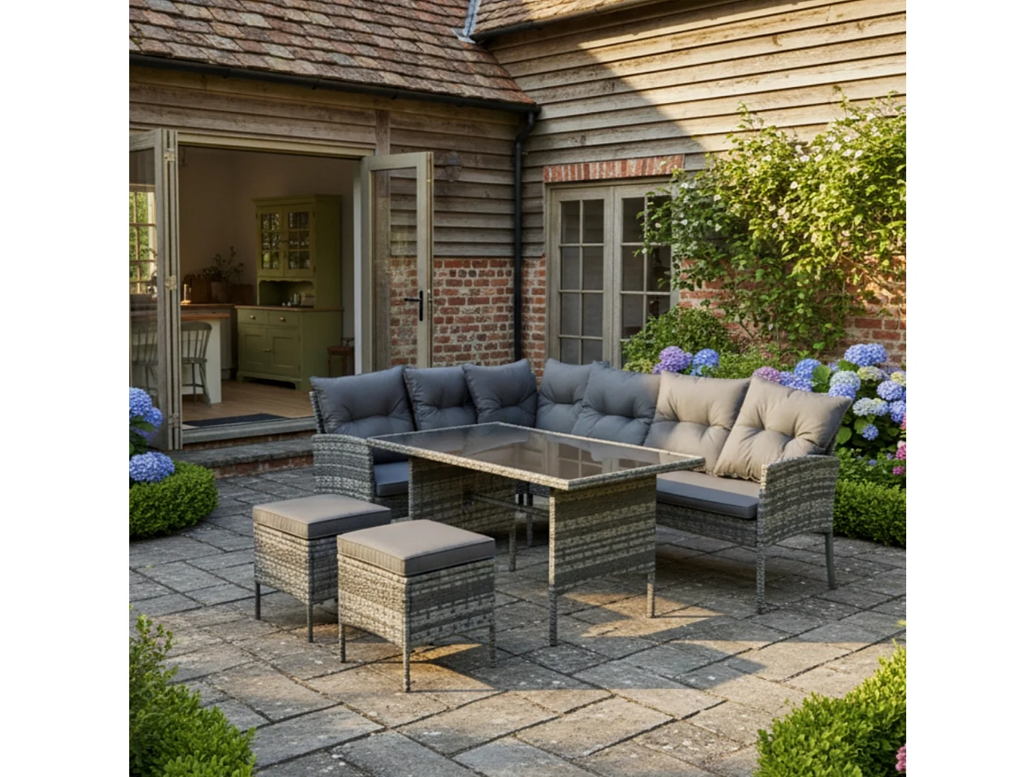 7-seater PE rattan garden furniture set - 2 sofas, 2 stools and 1 coffee table - steel frame