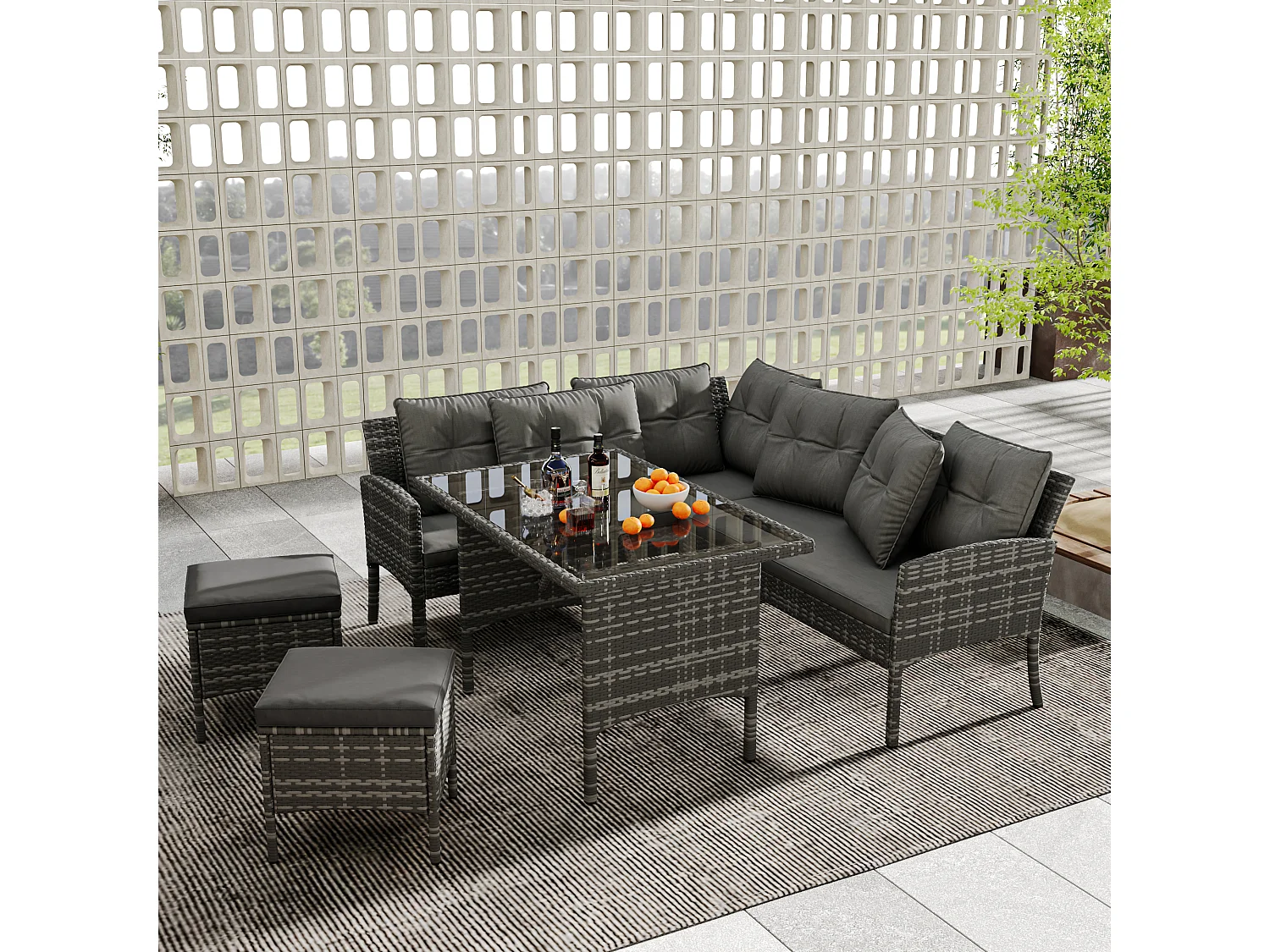 7-seater PE rattan garden furniture set - 2 sofas, 2 stools and 1 coffee table - steel frame