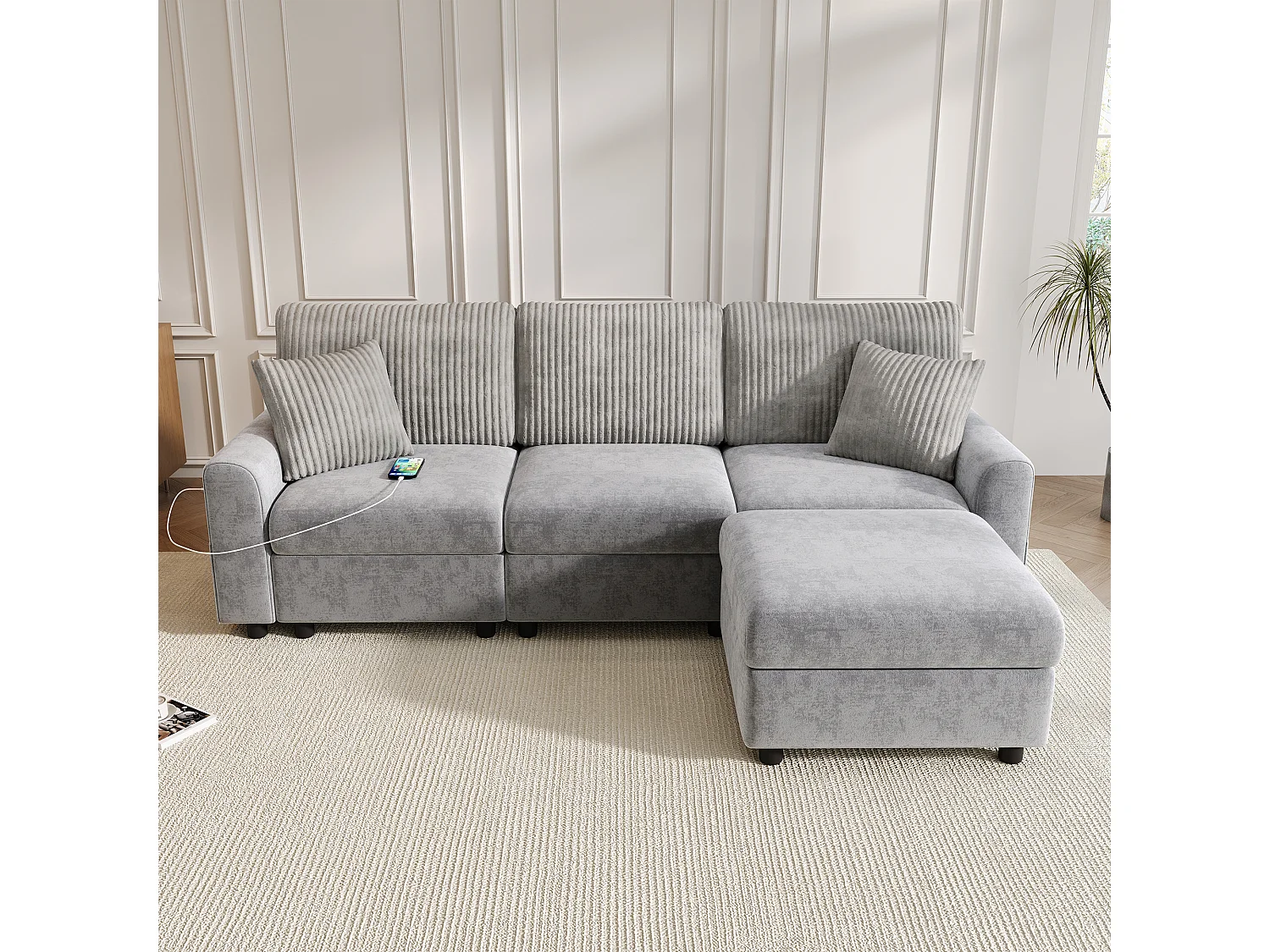 Canapé moderne 223 × 84 × 146 cm - avec 1 repose-pieds - avec 2 coussins carrés, port USB et port USB-C - Gris